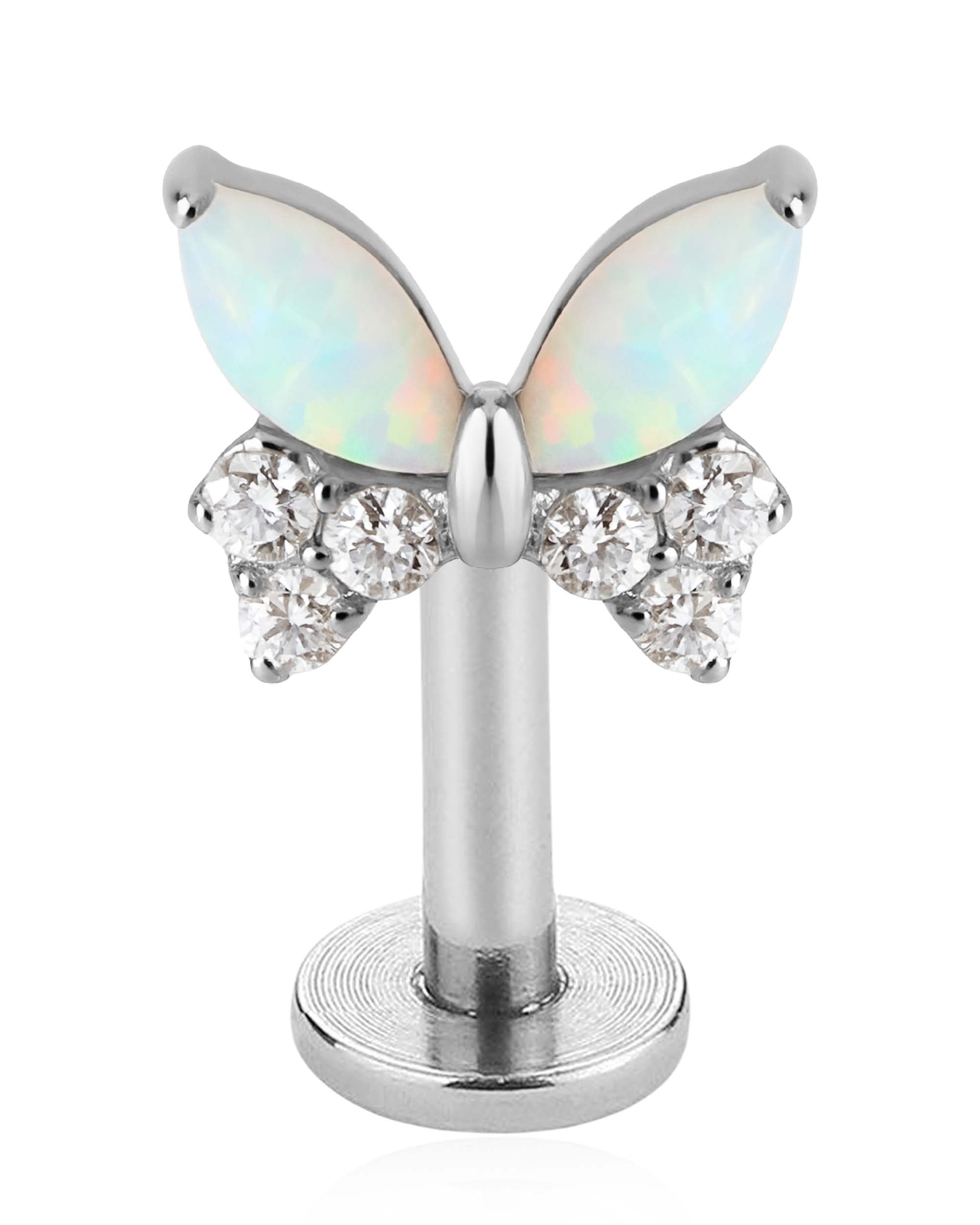 Titanium Butterfly Cartilage Flat Back Earring Stud Ear Piercing 16G Silver & Opal - www.Impuria.com