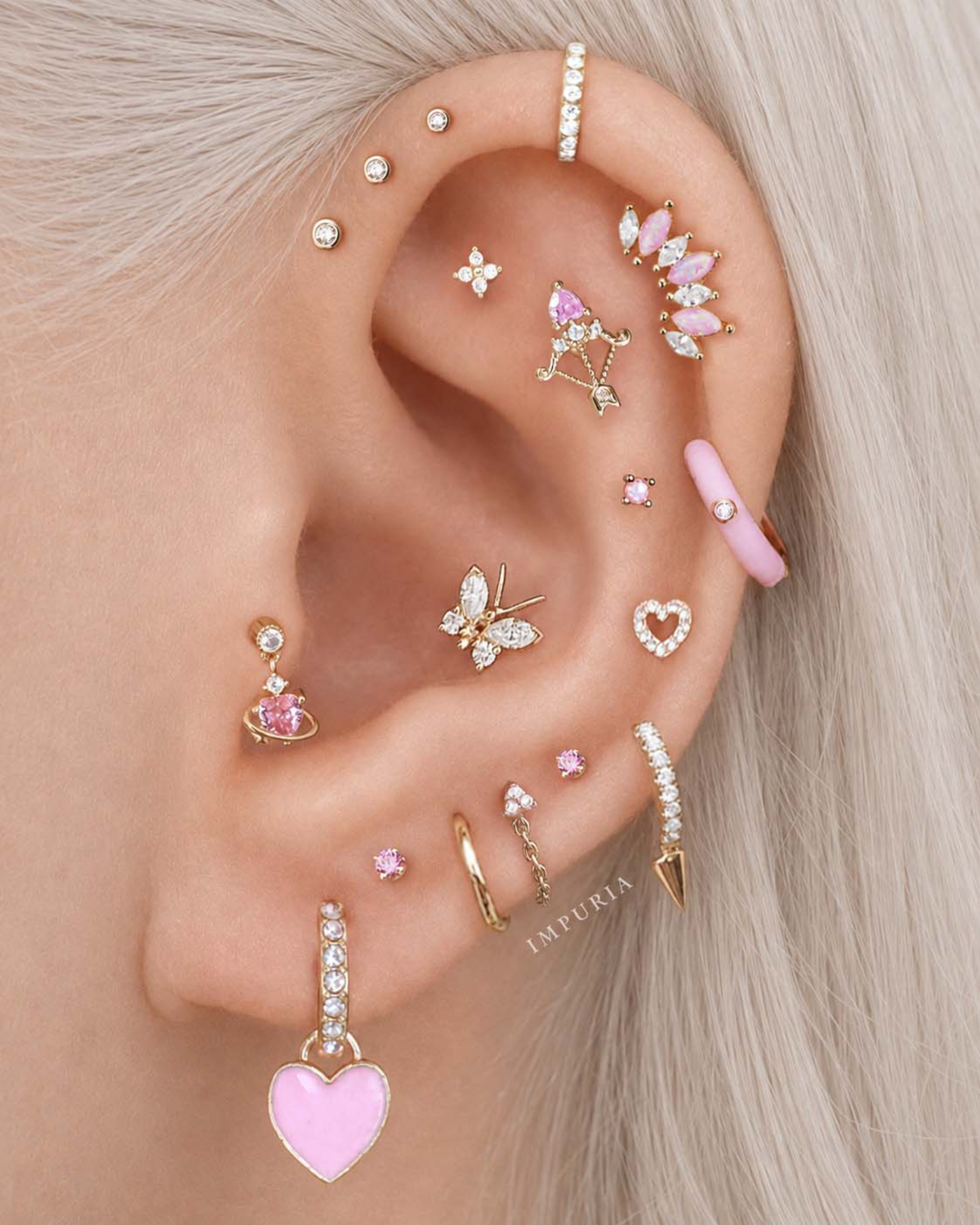 amore heart flat back stud pink ear stack inspiration