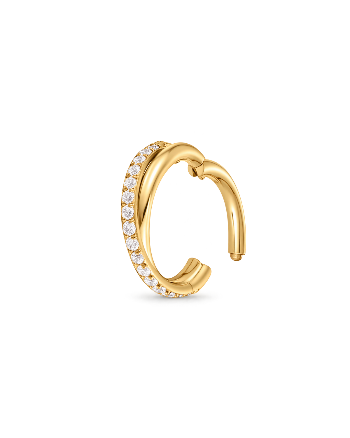 Bellini twisted titanium gold open hoop clicker with sparkling cubic zirconia crystals and a hinged closure.