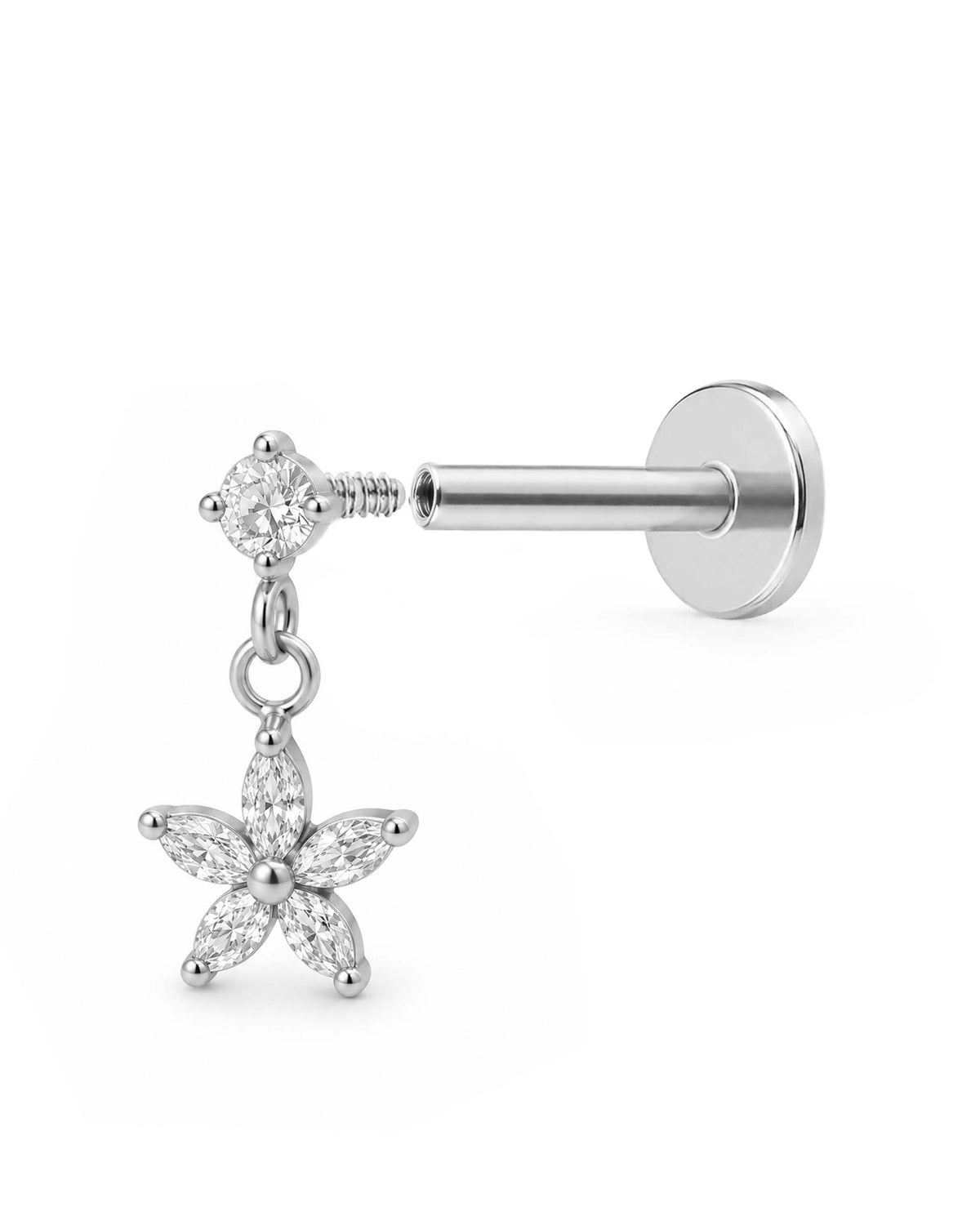 Blossom Flower Dangle Flat Back Stud Earring in Silver with Sparkling Crystal Flower Charm for Helix and Cartilage Piercings