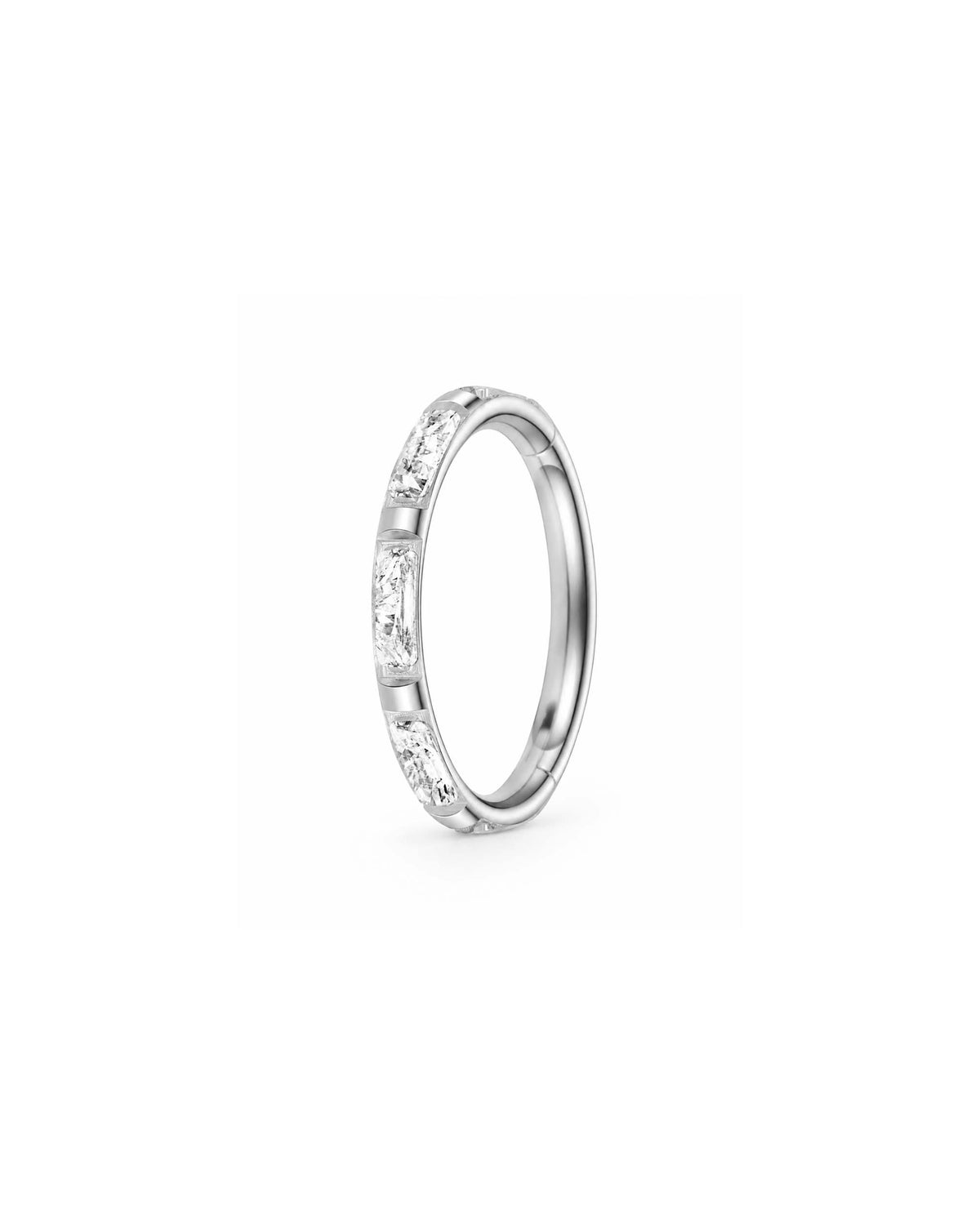 A silver baguette hoop ring clicker earring decorated with baguette shown on a plain white background.