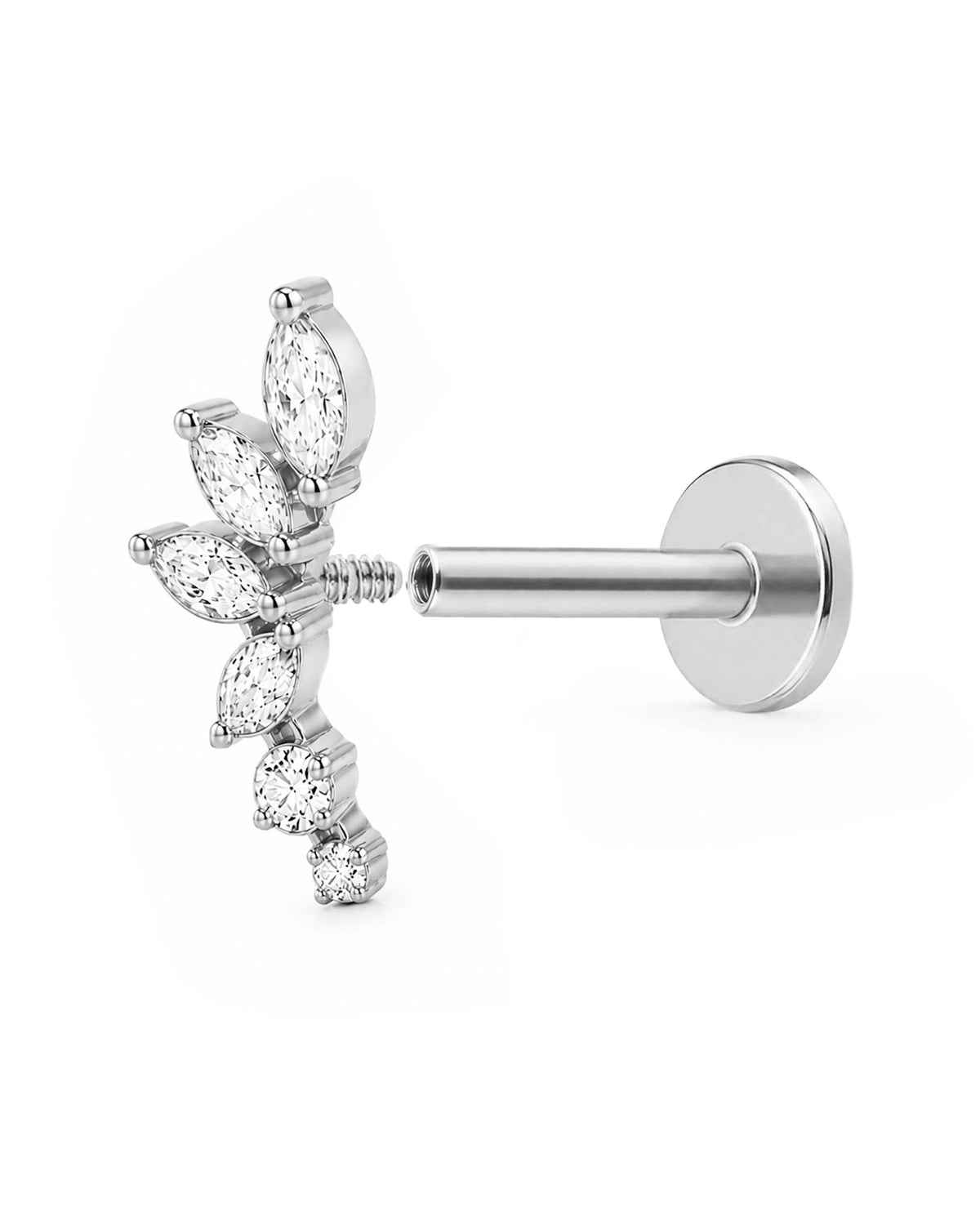 A silver-toned flat-back labret stud earring featuring a marquise-cut gemstone cluster on the front post internally threaded and open shown against a plain white background.