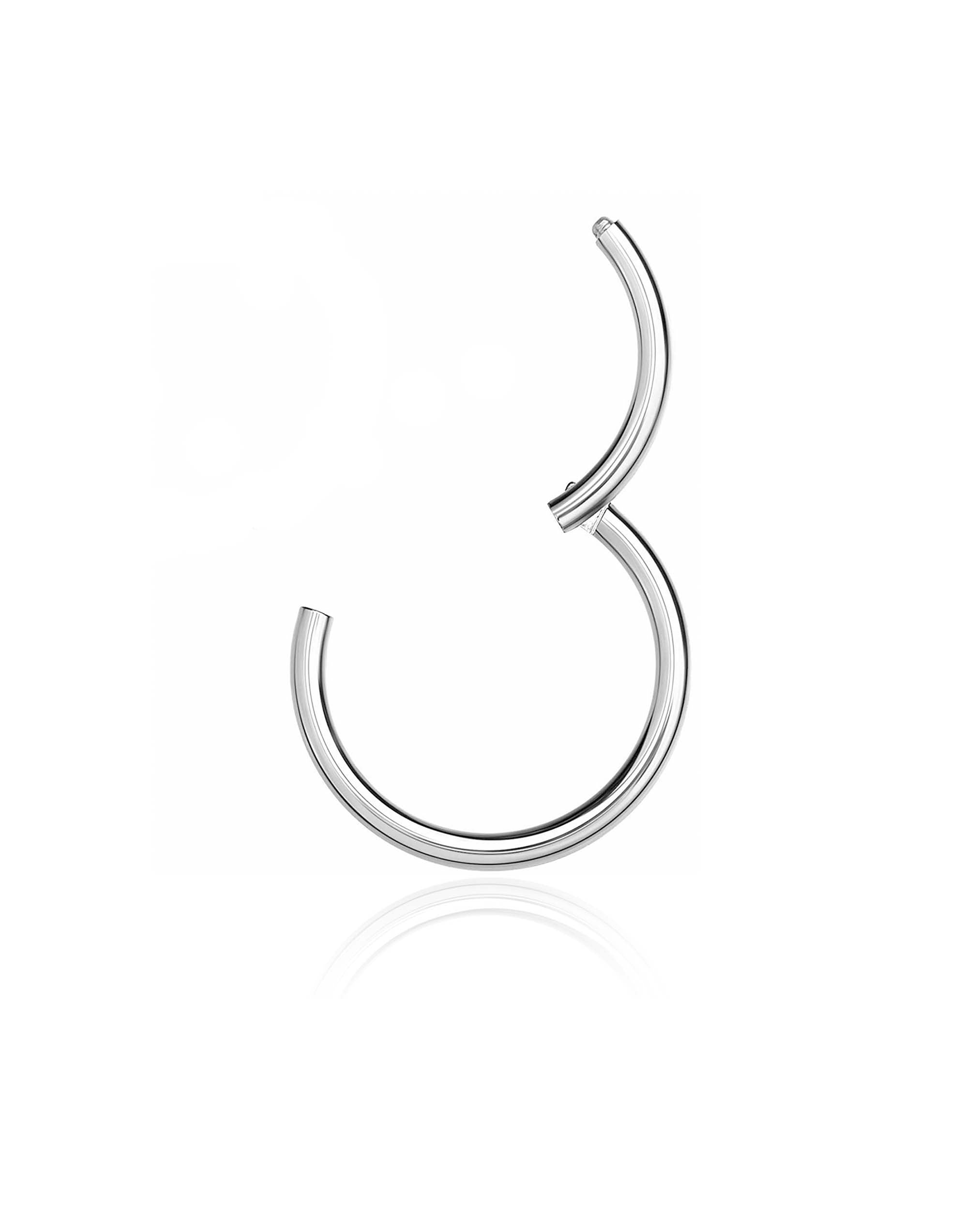A single polished silver hoop earring with a unique curved, stylized design, shown on a clean white background with a subtle reflection below.