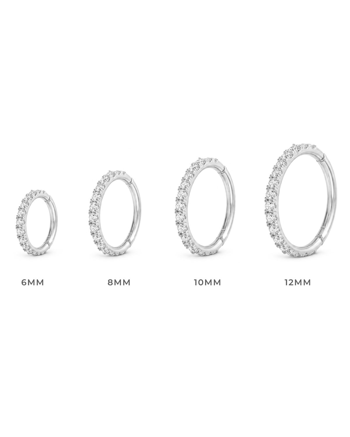Four silver-toned hoop earrings with clear stones, shown in sizes 6MM, 8MM, 10MM, and 12MM on a white background.