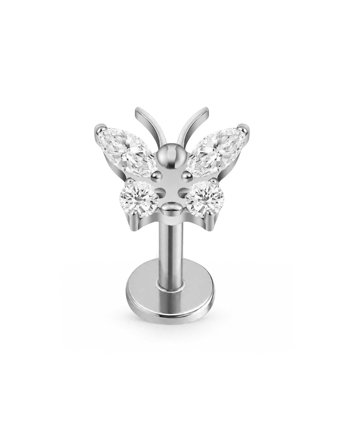 A silver butterfly-shaped flat back stud earring with marquise-cut and round clear gemstones, displayed on a white background.