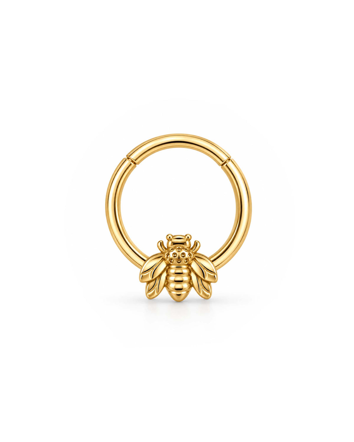 A gold bee ring hoop clicker daith ear piercing with a small, detailed bee charm at the bottom, shown on a clean white background.