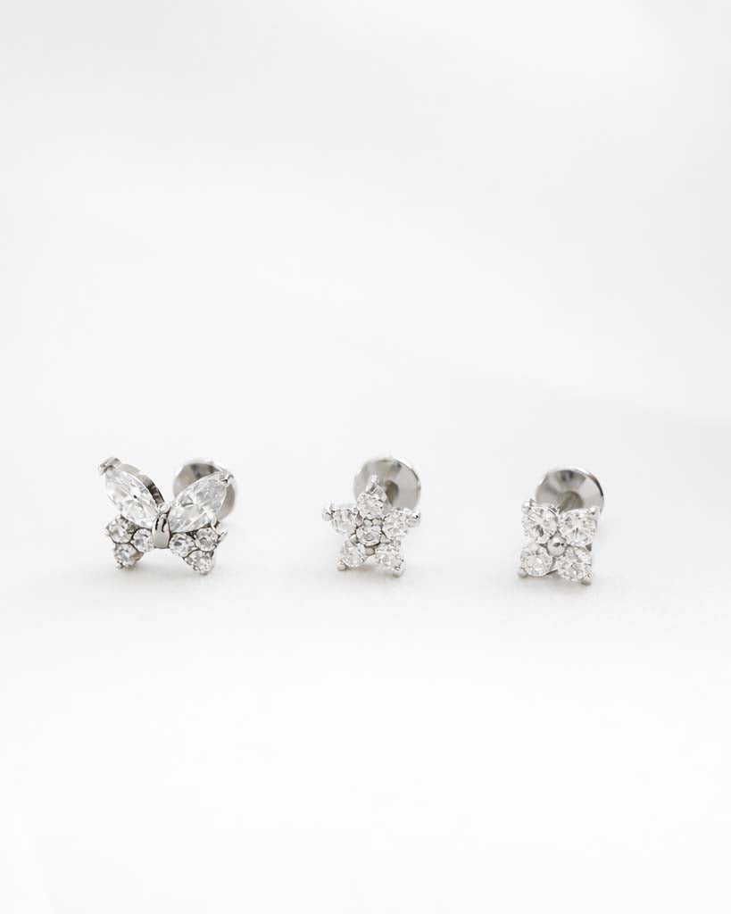 silver triple flat back earring stud 16G hypoallergenic at impuria ear piercing jewelry