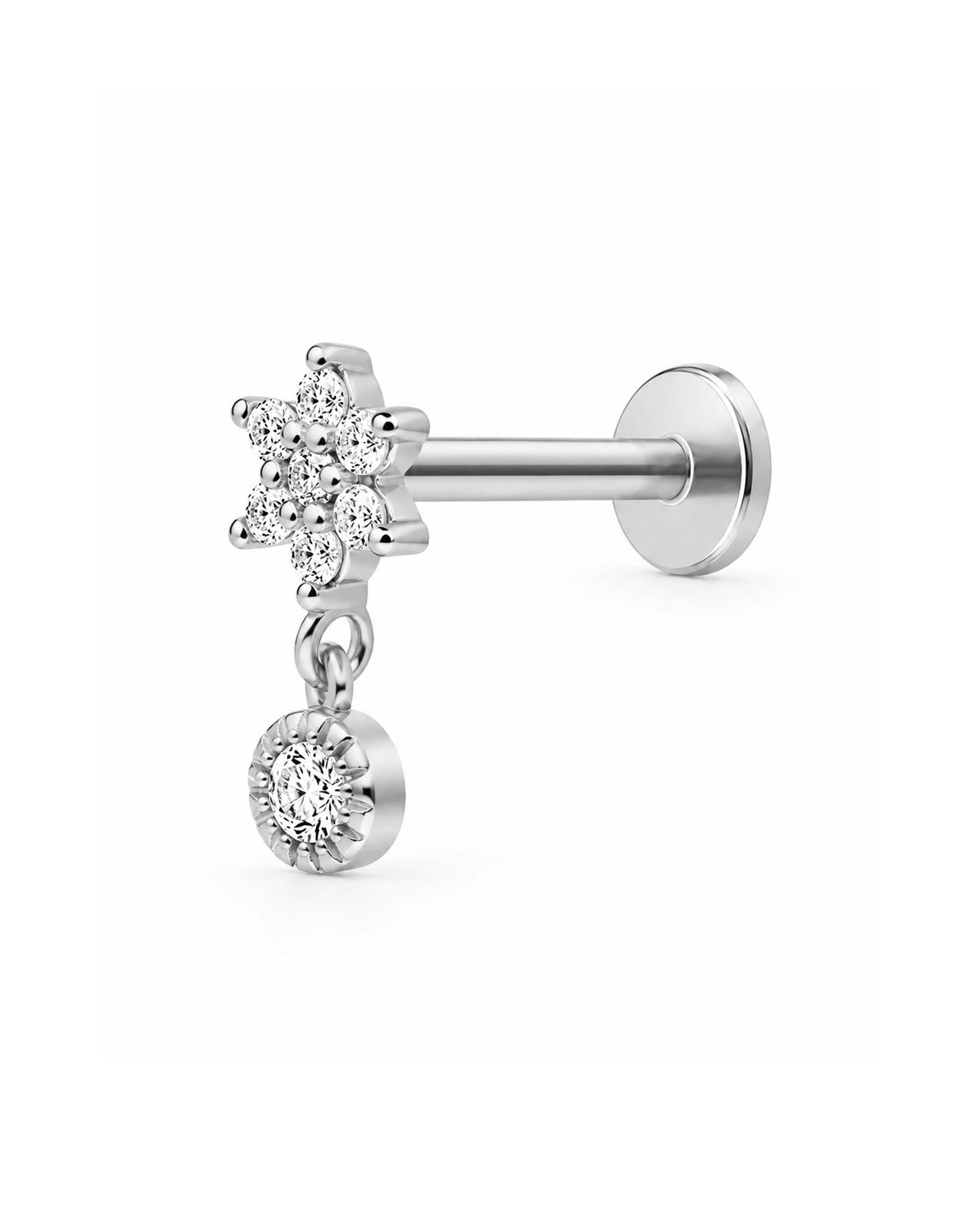A silver flat back stud earring with a flower-shaped cluster of clear gemstones and a dangling round halo gemstone, shown on a clean white background.