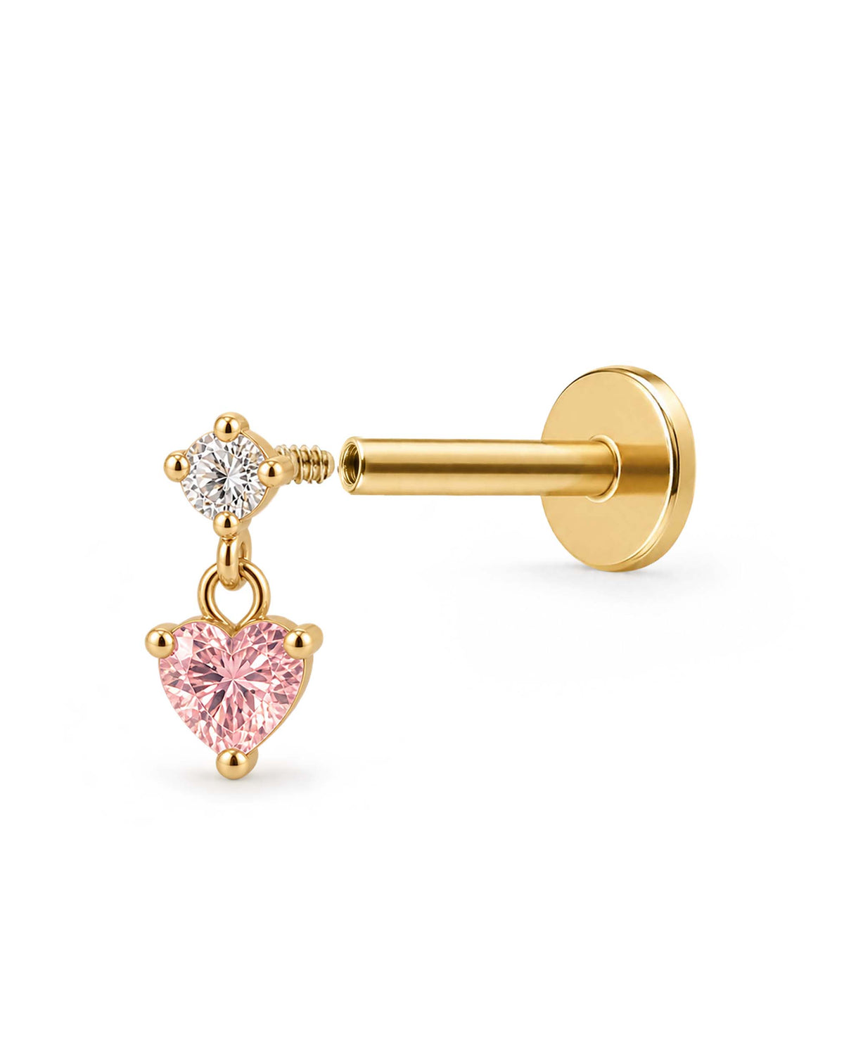 amour pink heart dangle in flat back stud earring 16G in gold internally threaded open