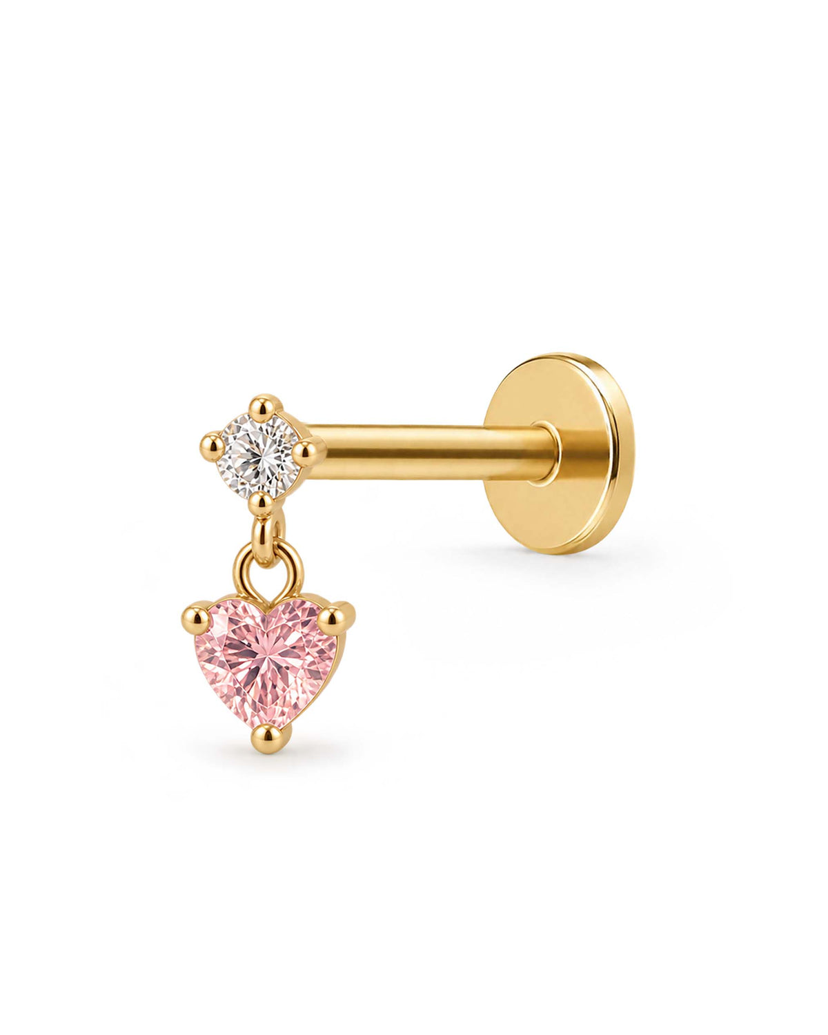 amour pink heart dangle in flat back stud earring 16G in gold
