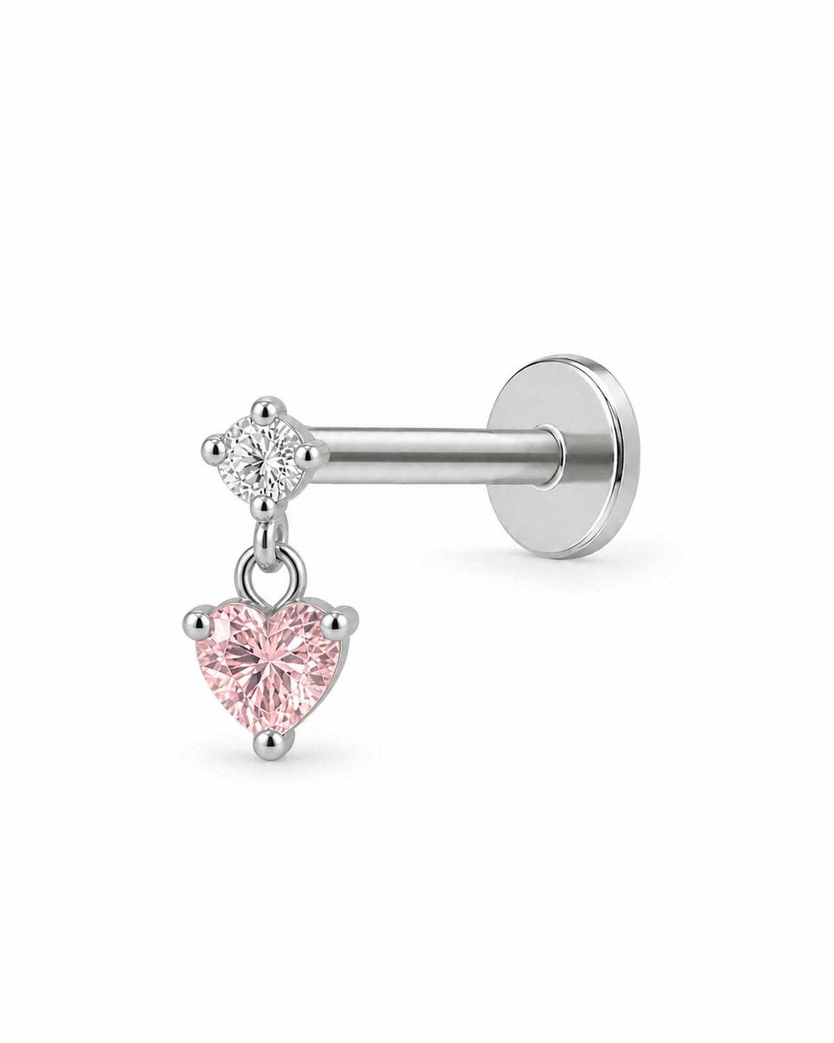 amour pink heart dangle in flat back stud earring 16G in silver