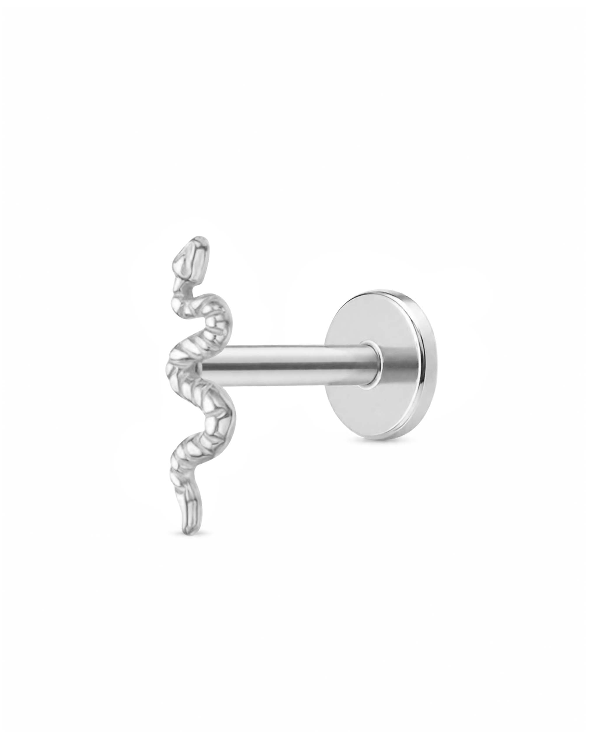 A silver-toned body jewelry piece featuring a snake wrapping around a straight post with a round flat back, shown on a plain white background.