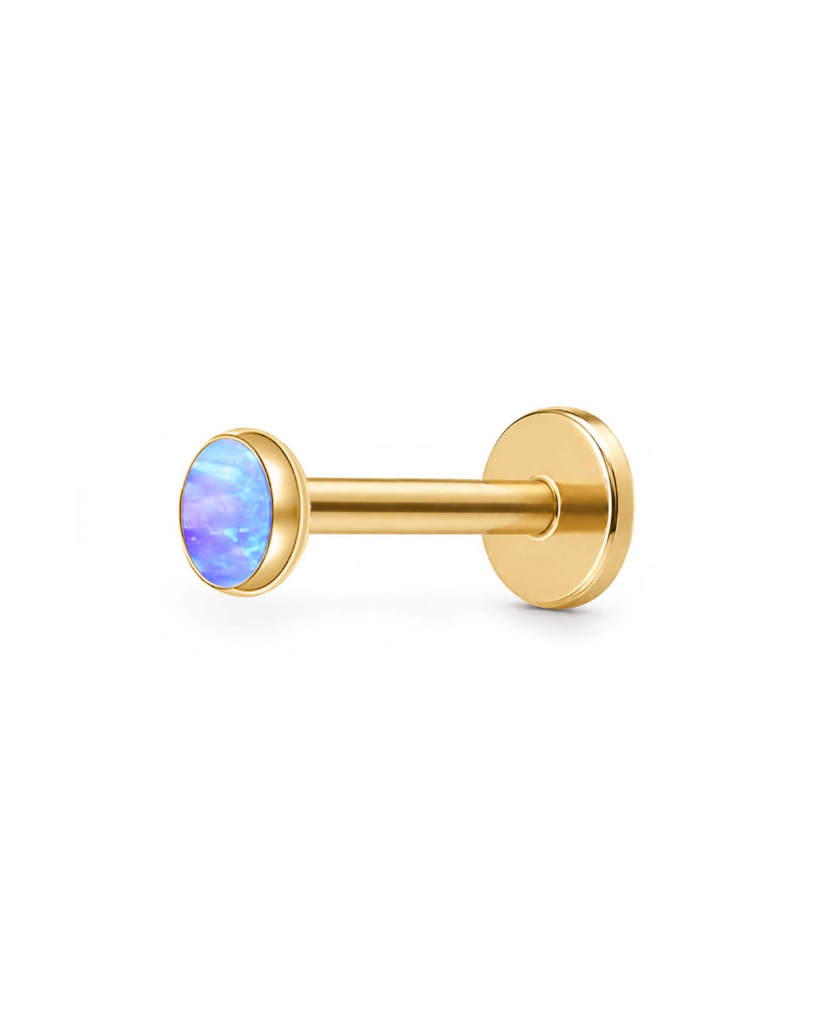 A gold-plated labret piercing stud with a round bezel-set opal gemstone showing purple opal displayed on a clean white background.