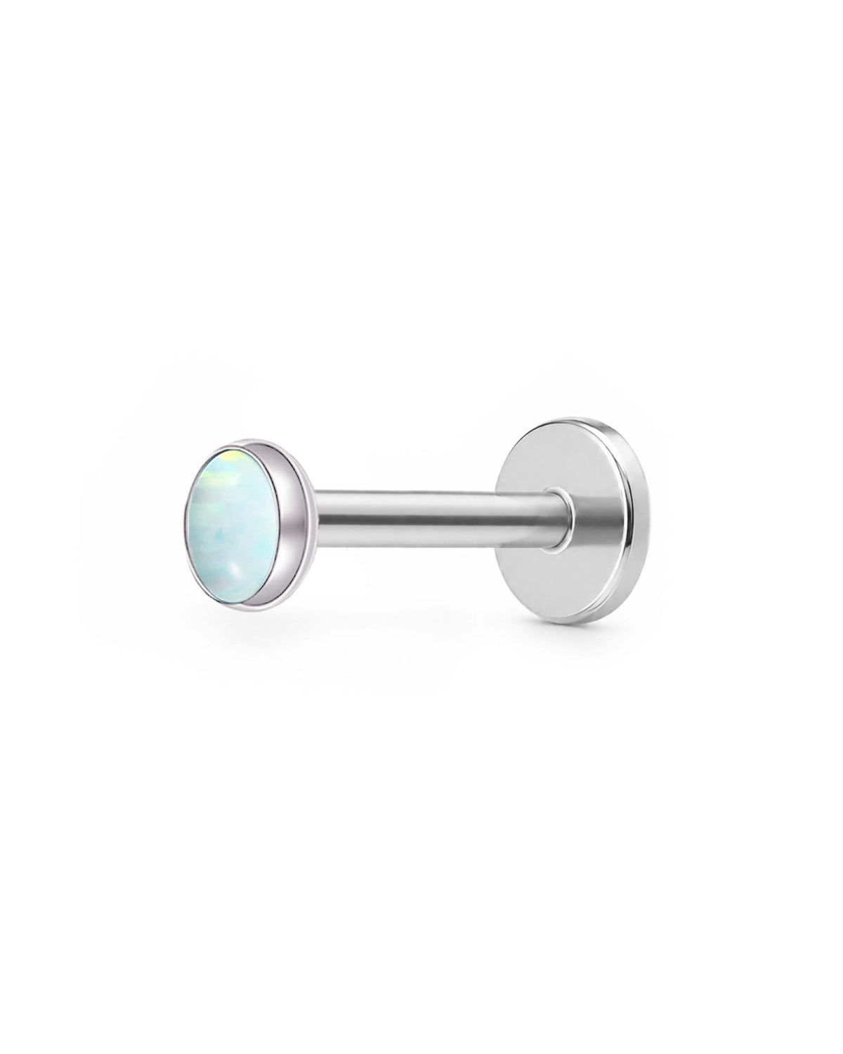 A silver-toned labret piercing stud with a round, iridescent white opal inlay on the front, shown against a plain white background.