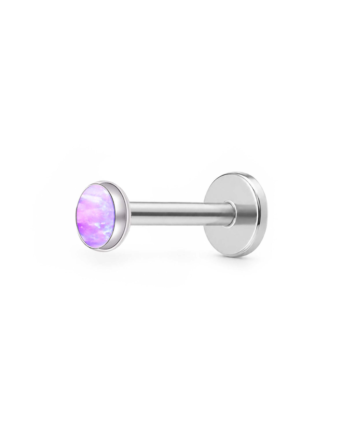 A silver-toned labret piercing stud with a round bezel-set purple and pink iridescent gemstone, shown against a plain white background.