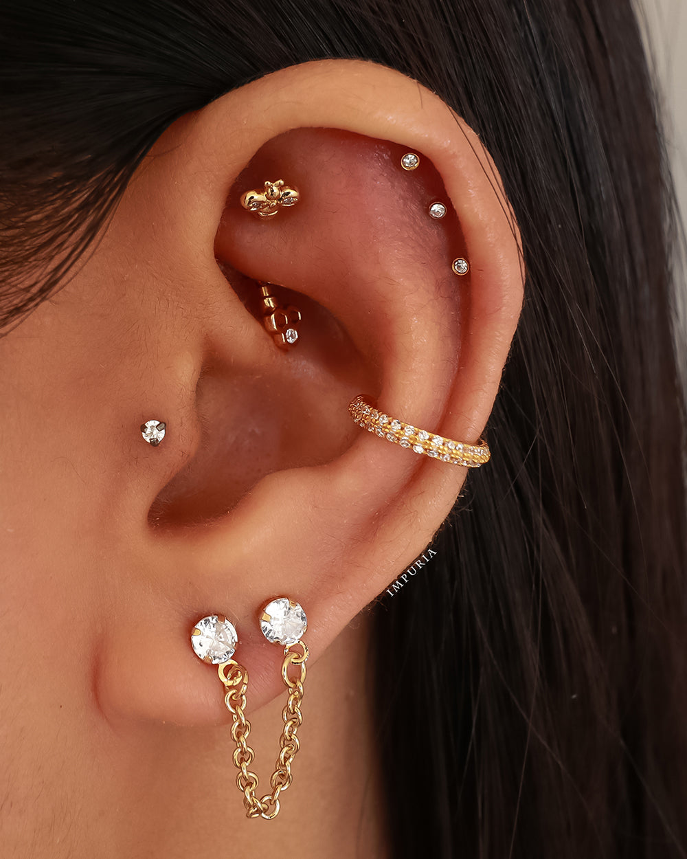 Simple Triple Cartilage Helix Ear Piercing Jewelry Ideas Round Bezel Earring Studs - lindas ideas para perforar la oreja - www.Impuria.com