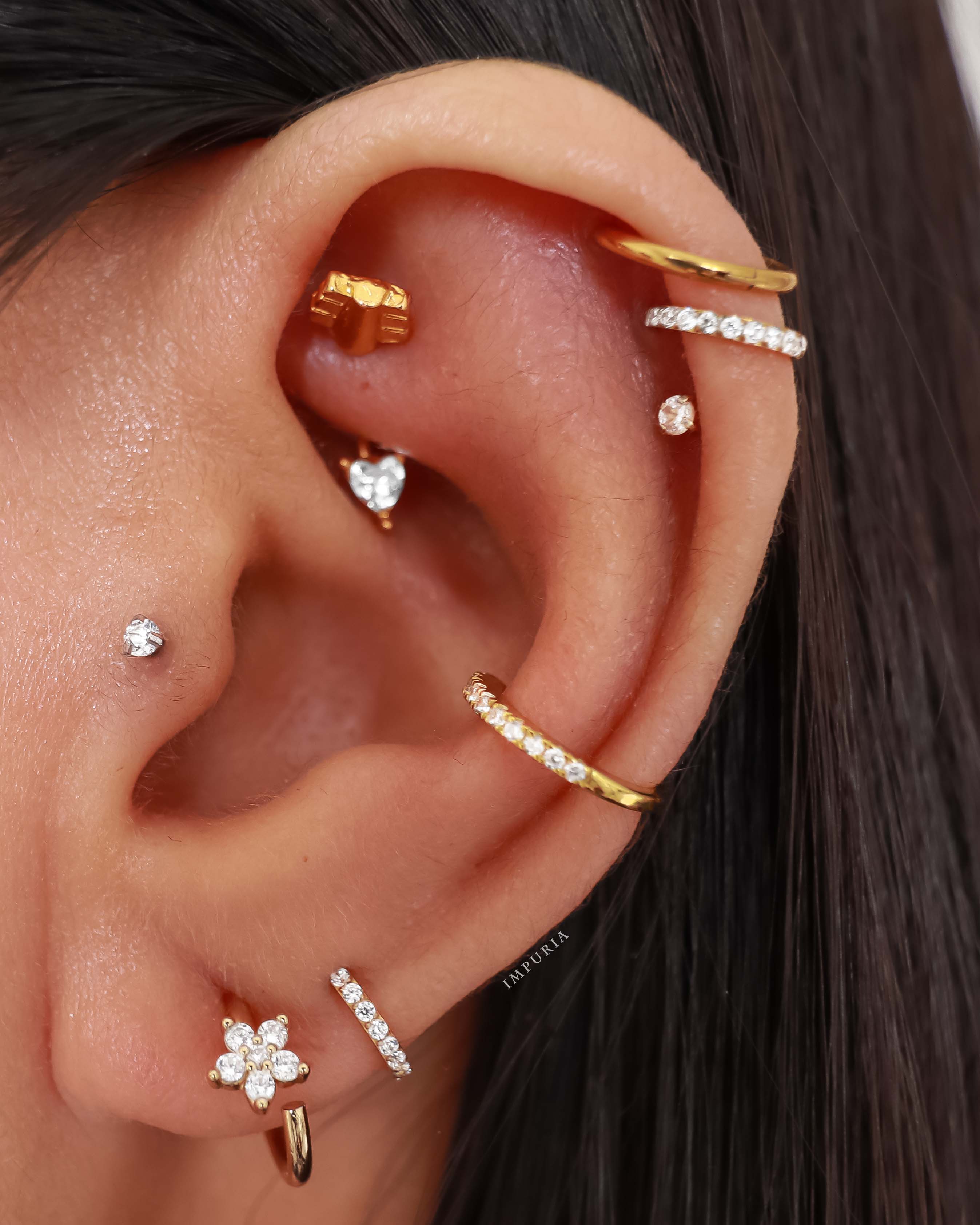 Unique Rook Ear Piercing Jewelry Ideas for Women - Gold Crystal Heart Arrow Curved Barbell 16G - www.Impuria.com