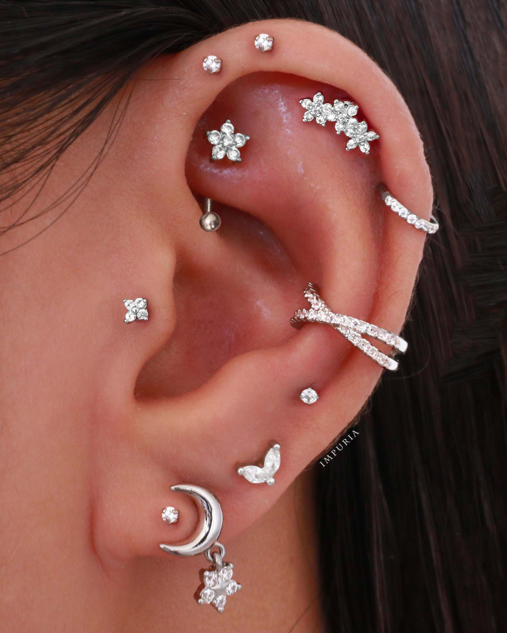 Mai Crystal Two Leaf Lotus Ear Piercing Stud - Main Image