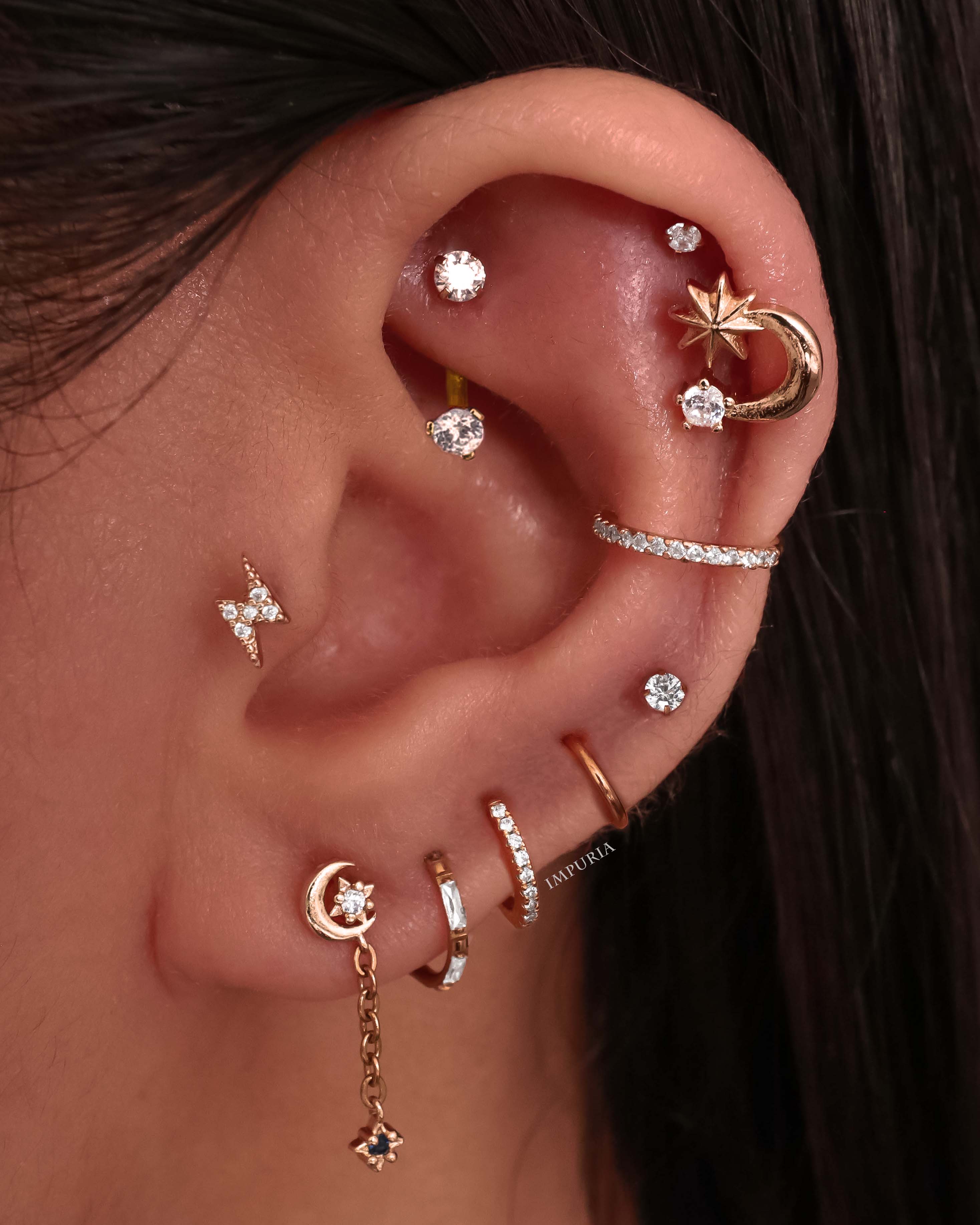 All the Way Around Cartilage Helix Lobe Multiple Ear Piercing Placement Curation Ideas - www.Impuria.com