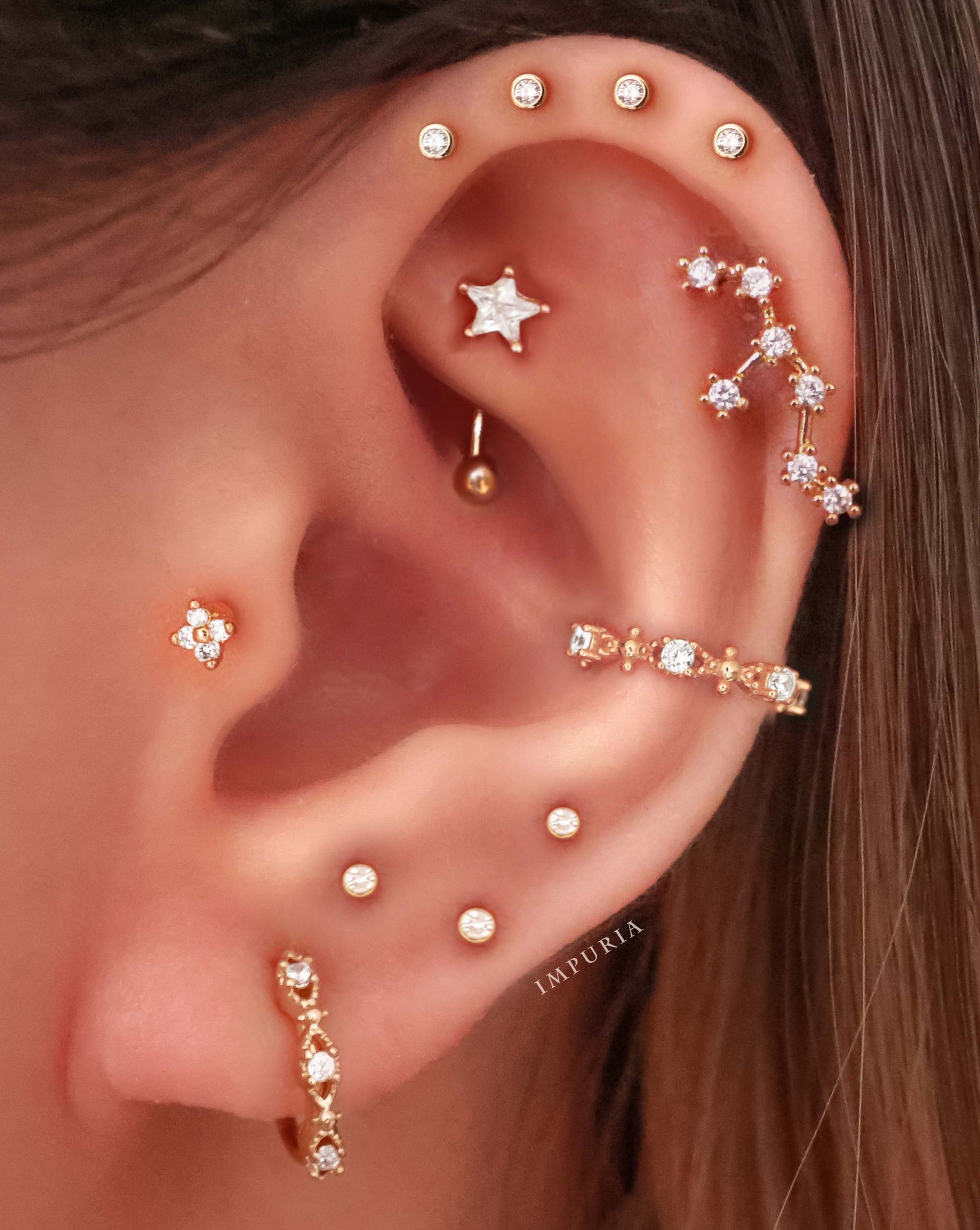 Cute Tiny Forward Helix Ear Piercing Earring Studs 16G Crystal Bezel Gold Ear Curation - www.Impuria.com #earpiercings