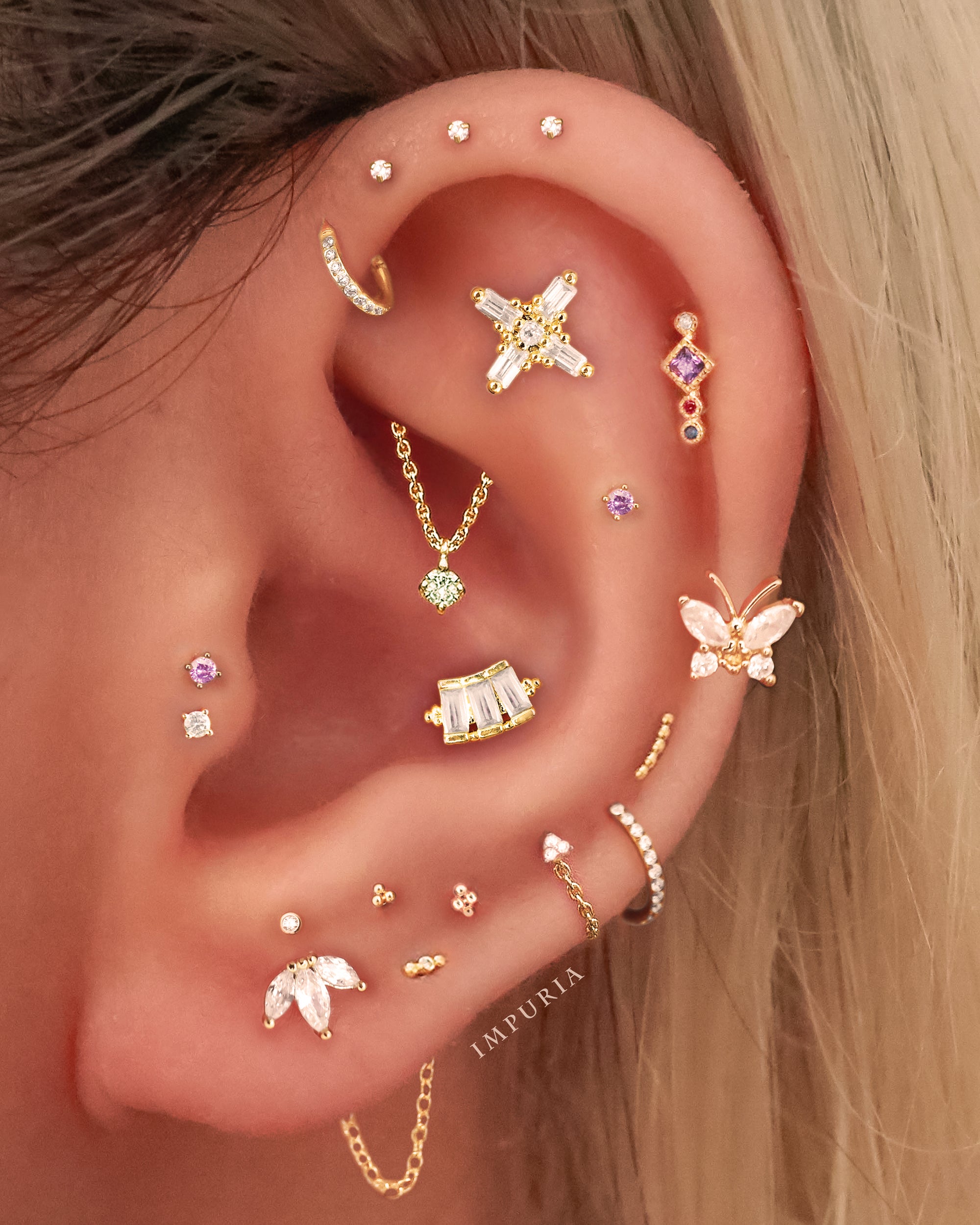 Unique Gold Ear Curation Multiple Cartilage Piercing Ideas for Women Small Forward Helix Hoop Clicker Earring - www.Impuria.com #earpiercings
