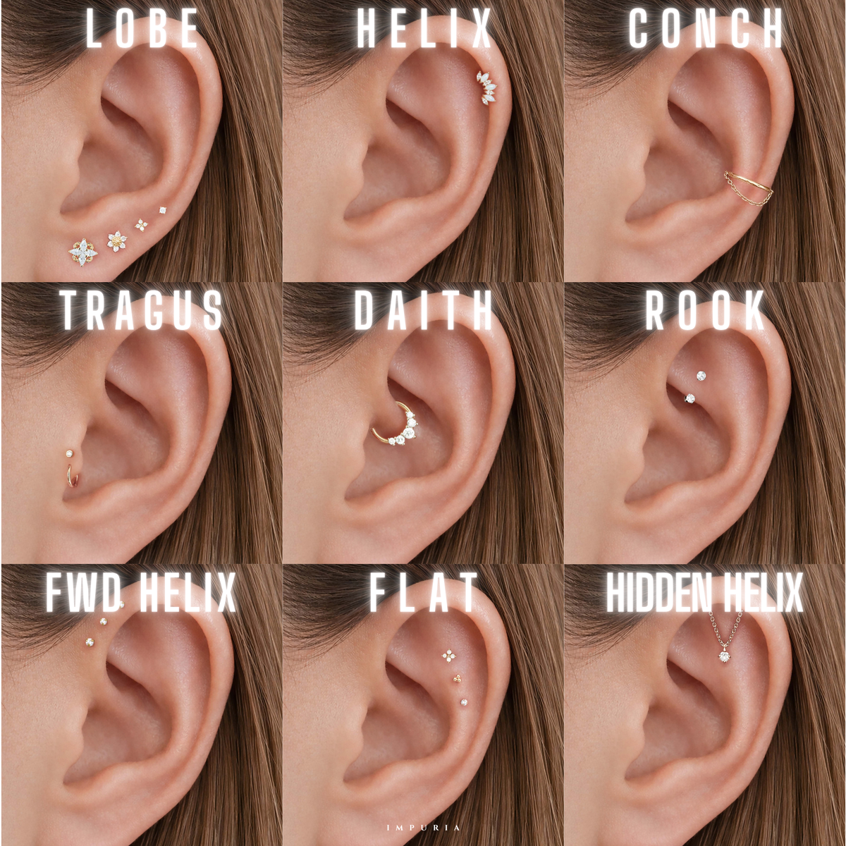 Ear piercing jewelry guide showing the best earrings for lobe, helix, conch, tragus, rook and daith piercings