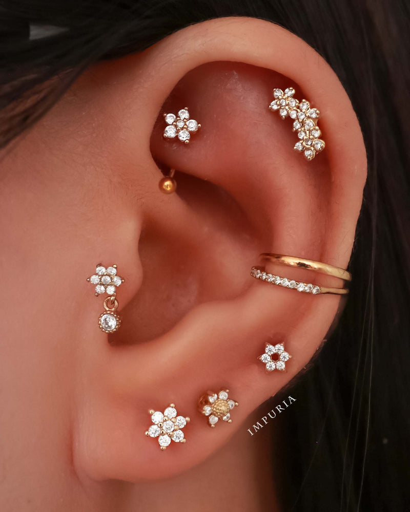 Posy Crystal Flower Threaded 14K Gold Earring Stud