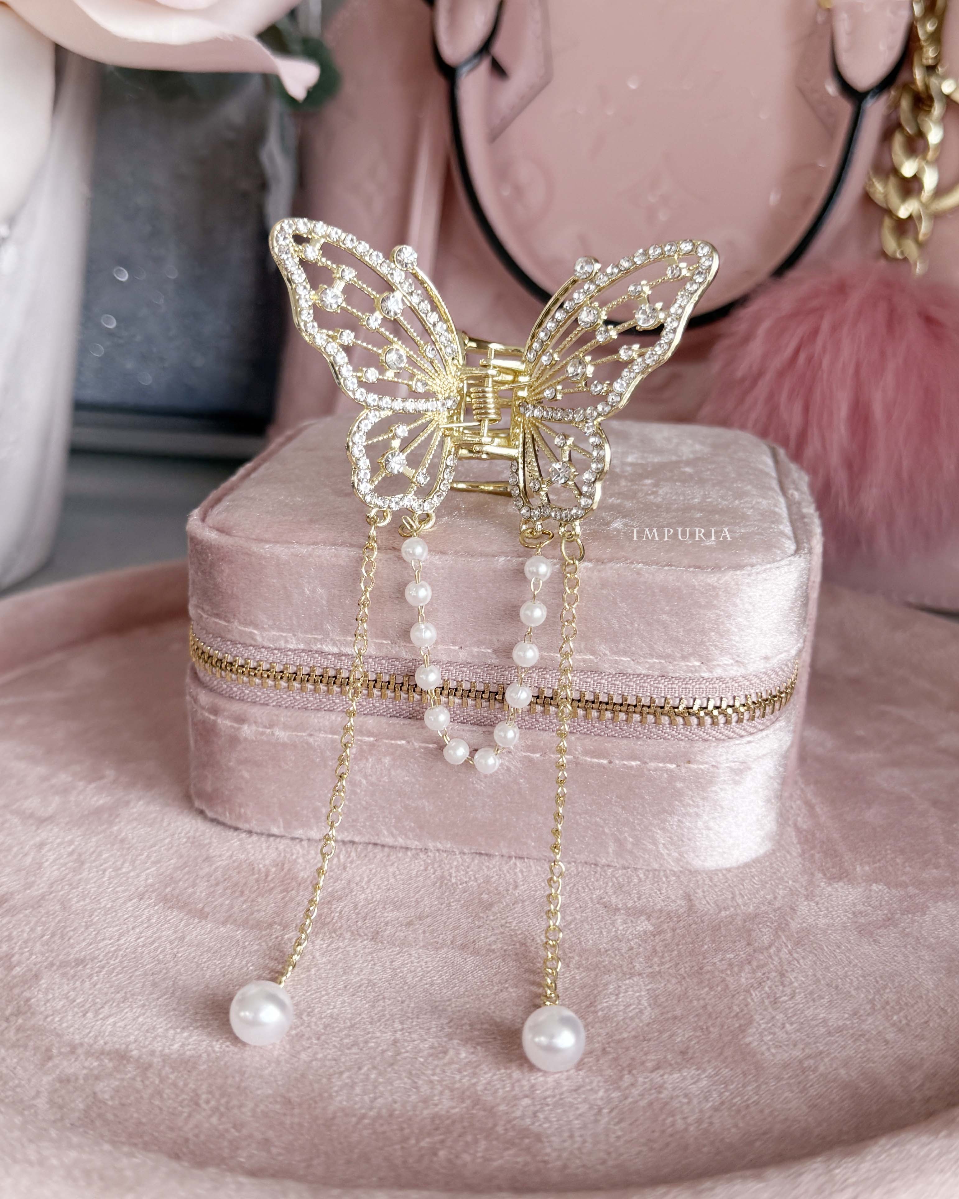 Butterfly Hair Clip with Pearl Chain Dangle by Impuria Jewelry display picture 1