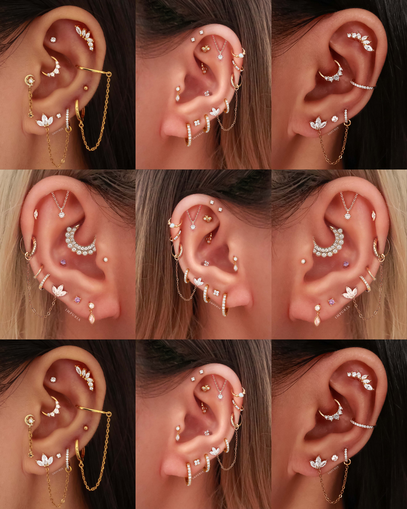 Jiro Chain Lotus Stud Crystal Hinged Segment Hoop Ring Clicker Ear Piercing Earring Set