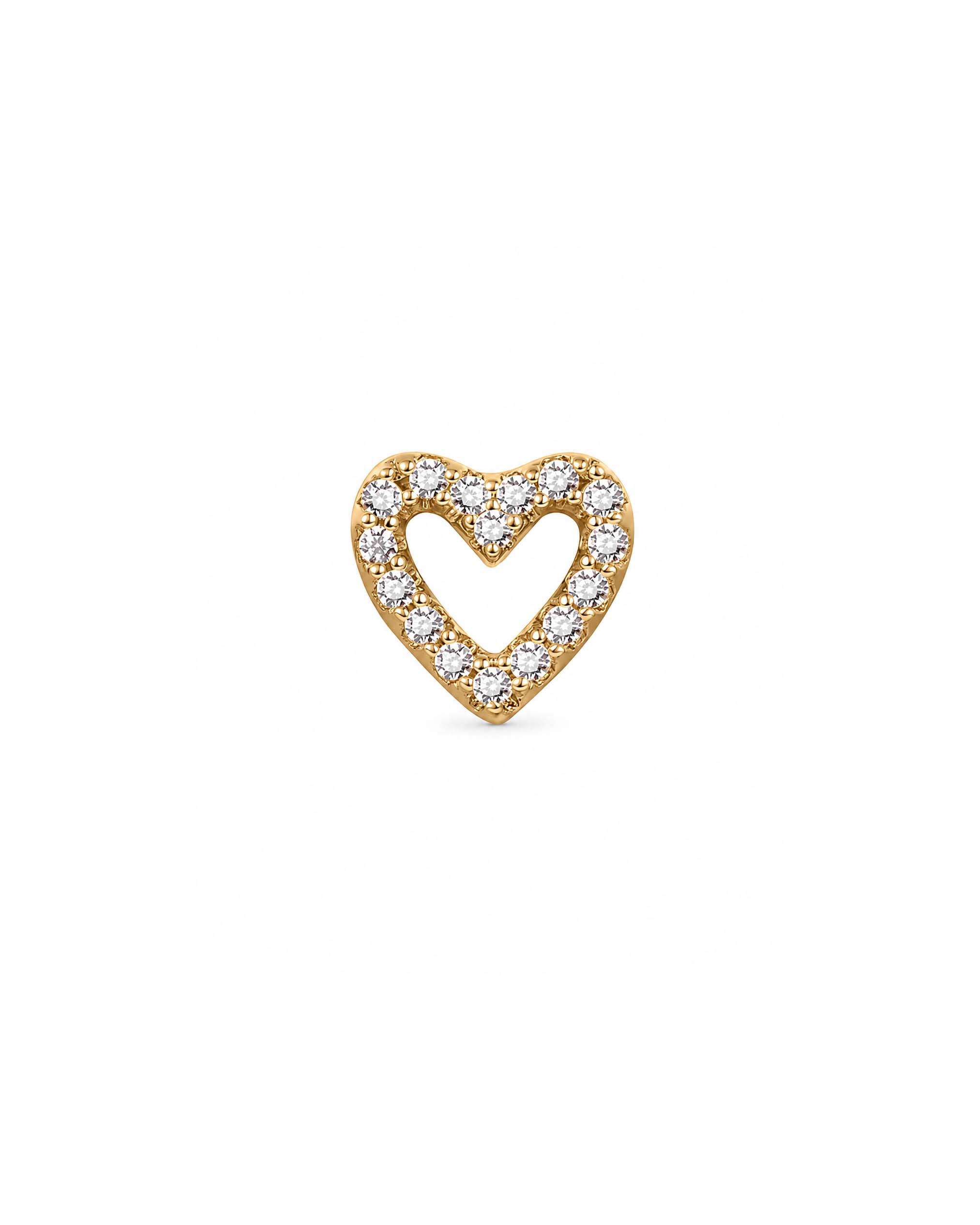 A gold heart-shaped stud earring with a pavé setting of clear round-cut gemstones, centered on a plain white background.