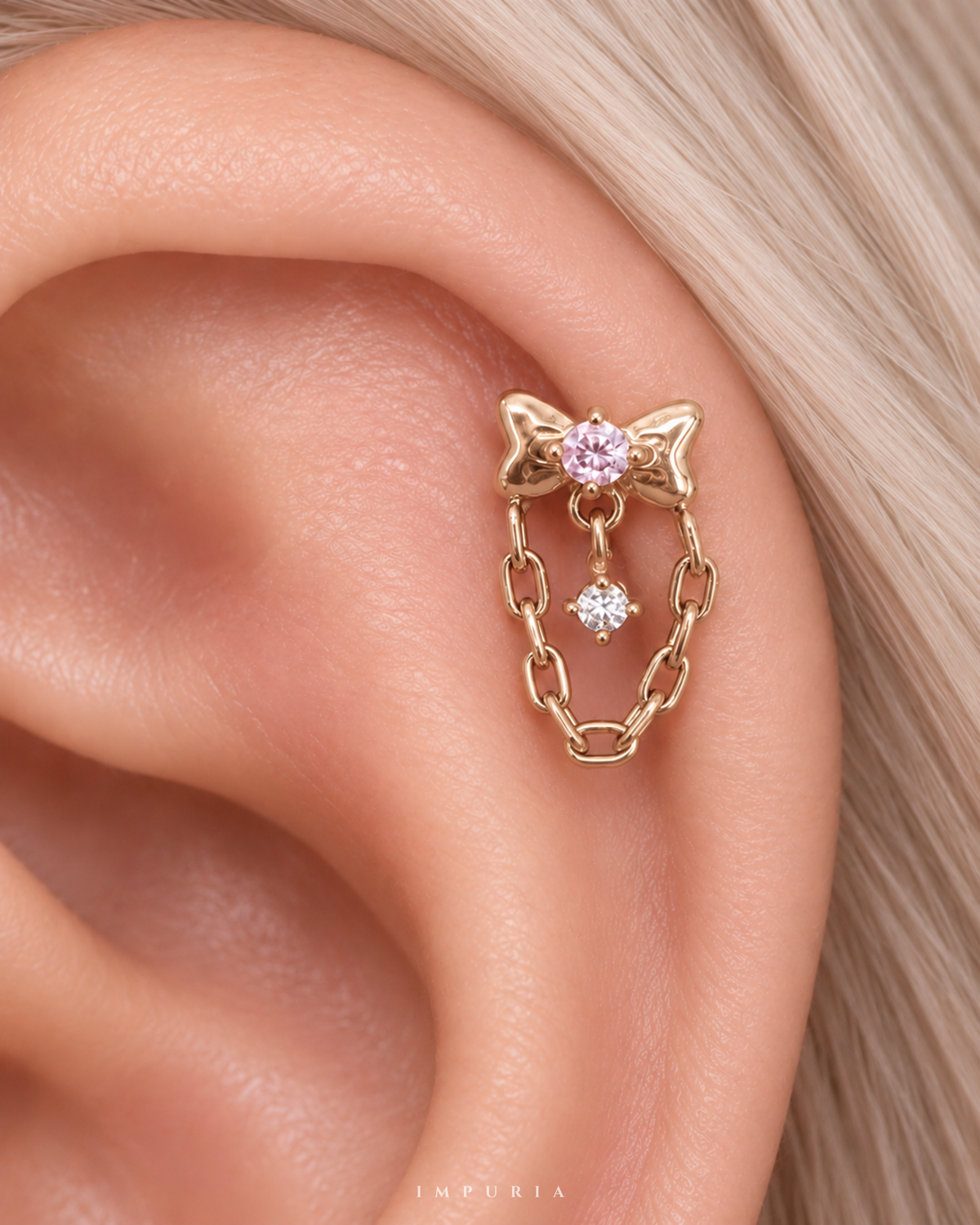 amour coquette bow chain flat back stud earring 16G on helix piercing