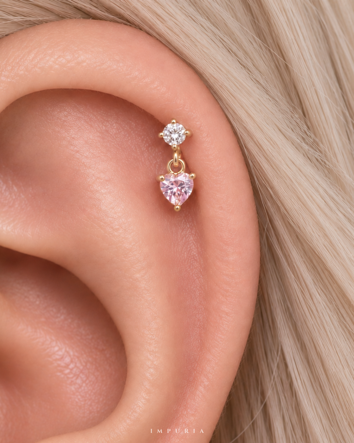 amour pink heart dangle in flat back stud earring 16G in helix piercing