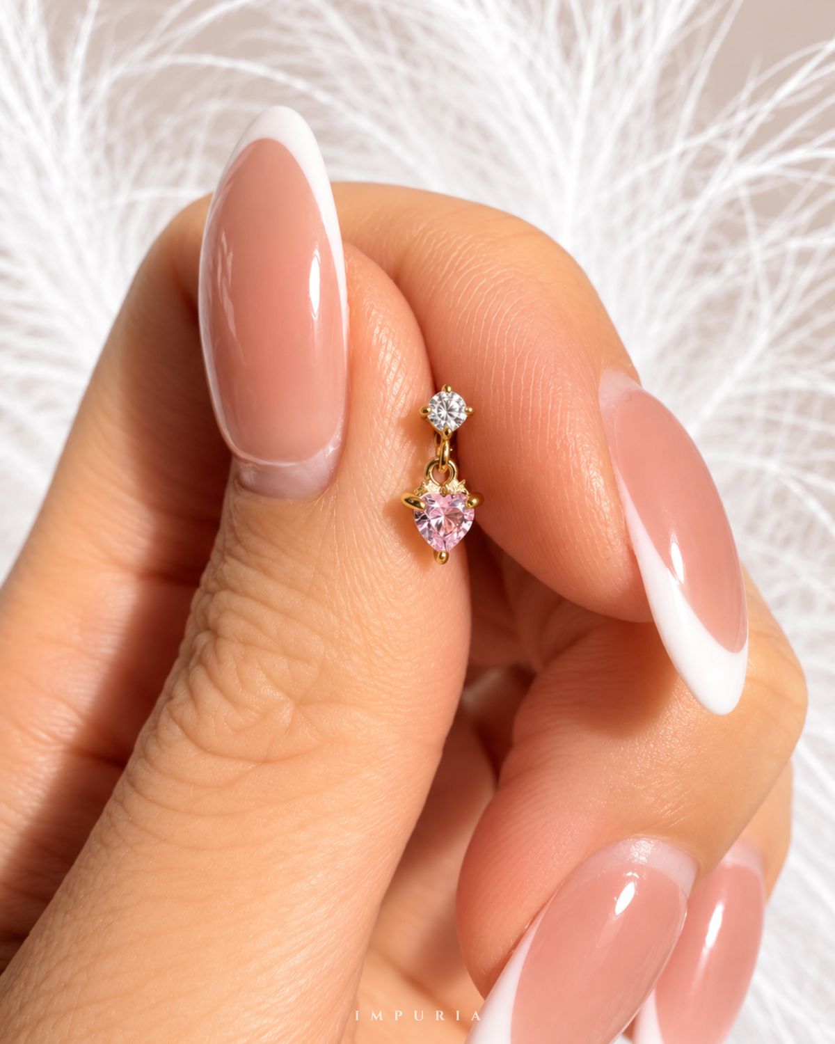 amour pink heart dangle in flat back stud earring 16G in gold