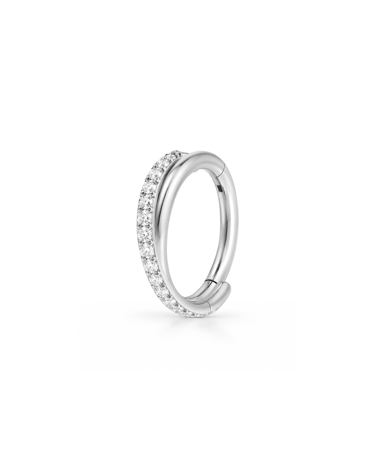 Bellini twisted titanium  silver hoop clicker with sparkling cubic zirconia crystals and a hinged closure.