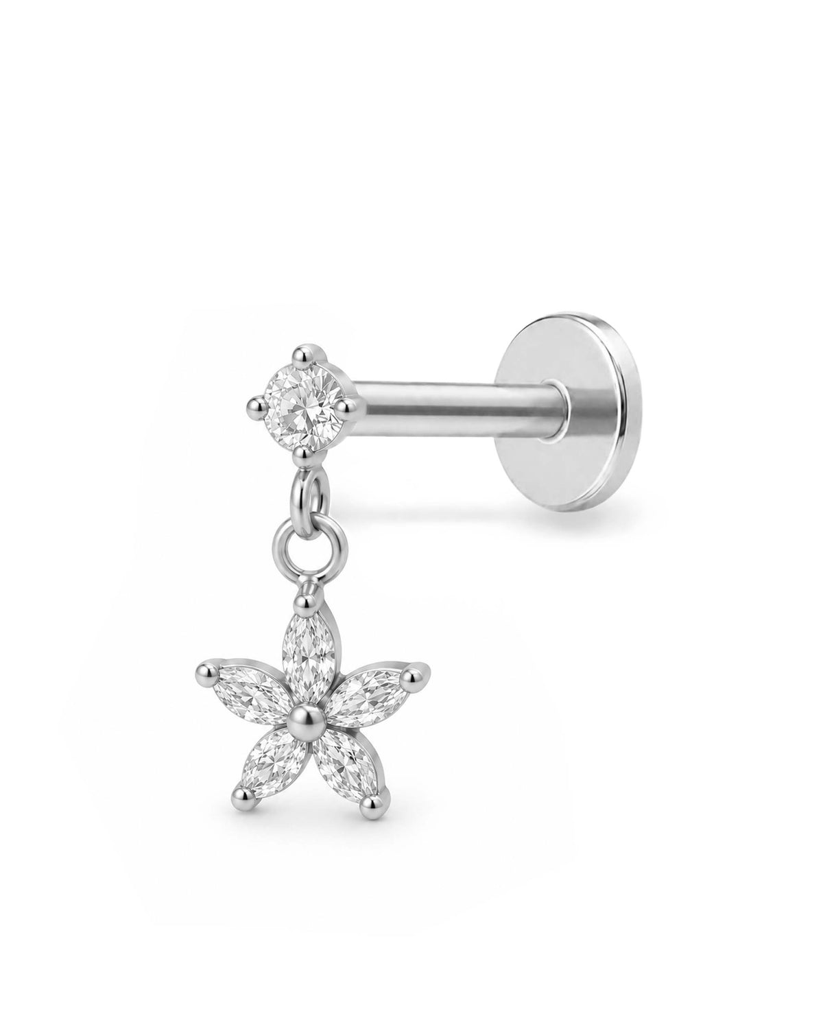 Blossom Flower Dangle Flat Back Stud Earring in Silver with Sparkling Crystal Flower Charm for Helix and Cartilage Piercings