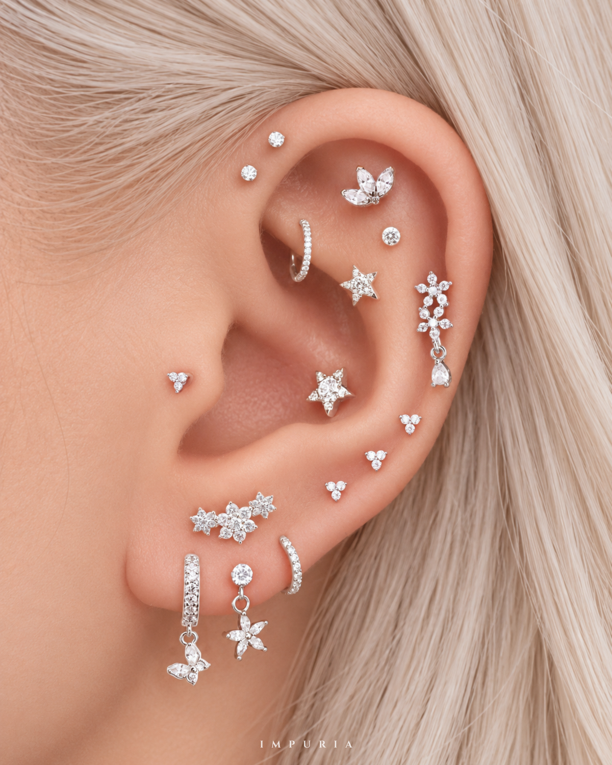 Curated Multiple Ear Stack with Blossom Flower Dangle Flat Back Stud Earring, Sparkling Crystal Helix Jewelry and Multiple Cartilage Piercings