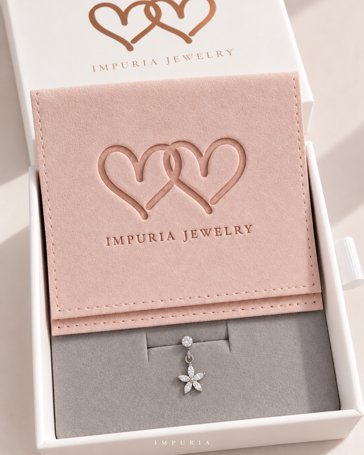 Blossom Flower Dangle Flat Back Stud Earring in Silver with Sparkling Crystal Flower Charm Displayed in Impuria Jewelry Gift Box