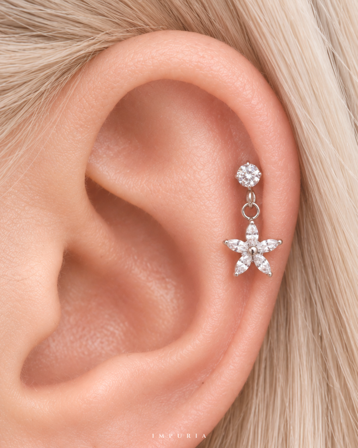Blossom Flower Dangle Flat Back Stud Earring in Silver Surgical Stainless Steel on Helix Cartilage Ear Piercing from Impuria Jewelry