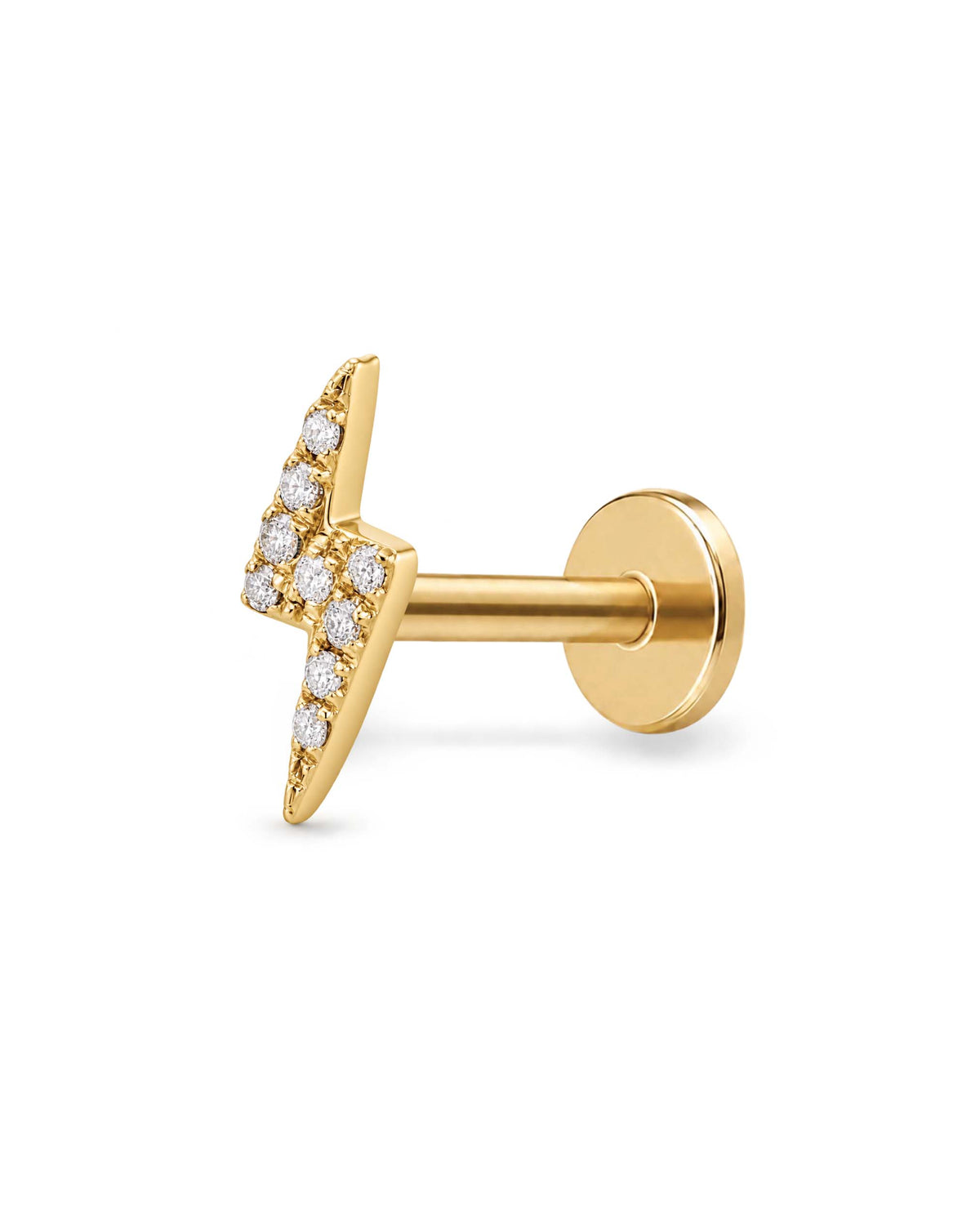 A gold lightning bolt stud earring with pavé-set clear stones, shown from a side profile against a clean white background.