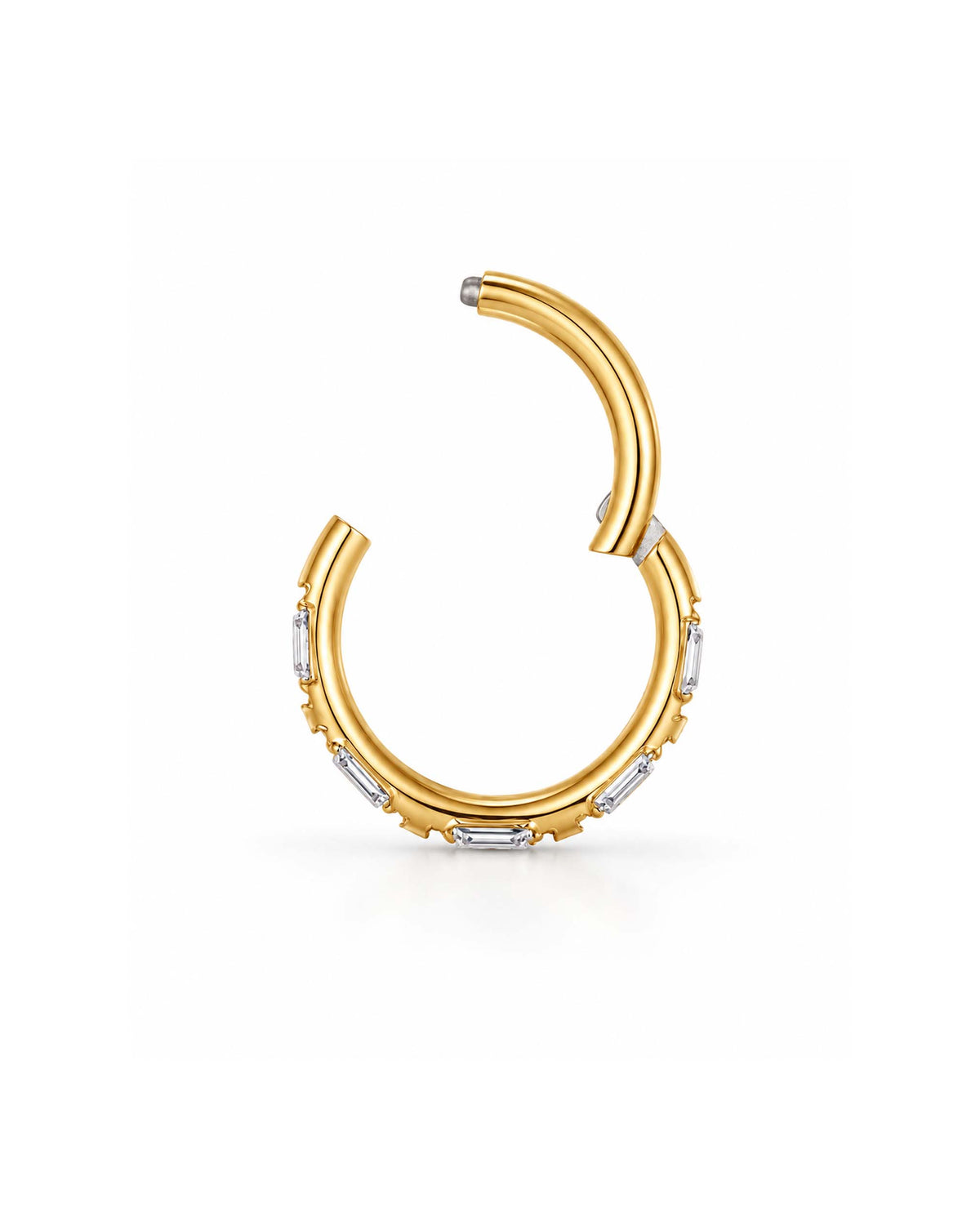 A gold baguette hoop ring clicker earring  open decorated with baguette shown on a plain white background.