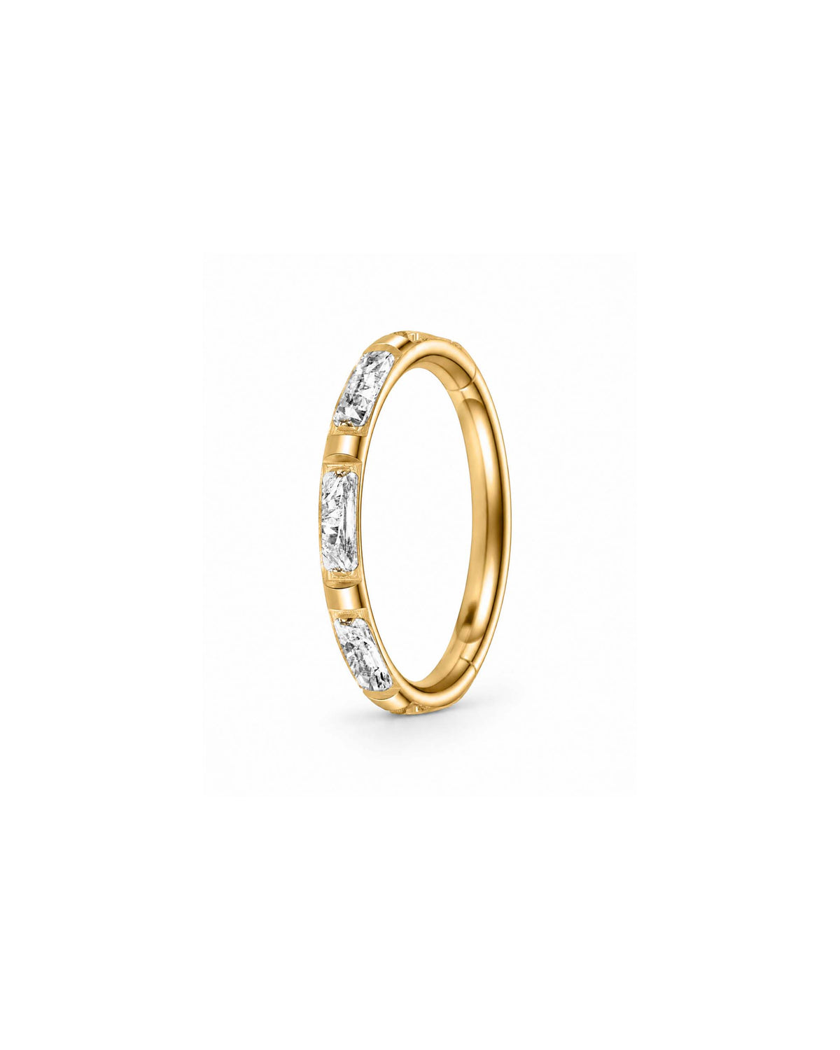 A gold baguette hoop ring clicker earring decorated with baguette shown on a plain white background.