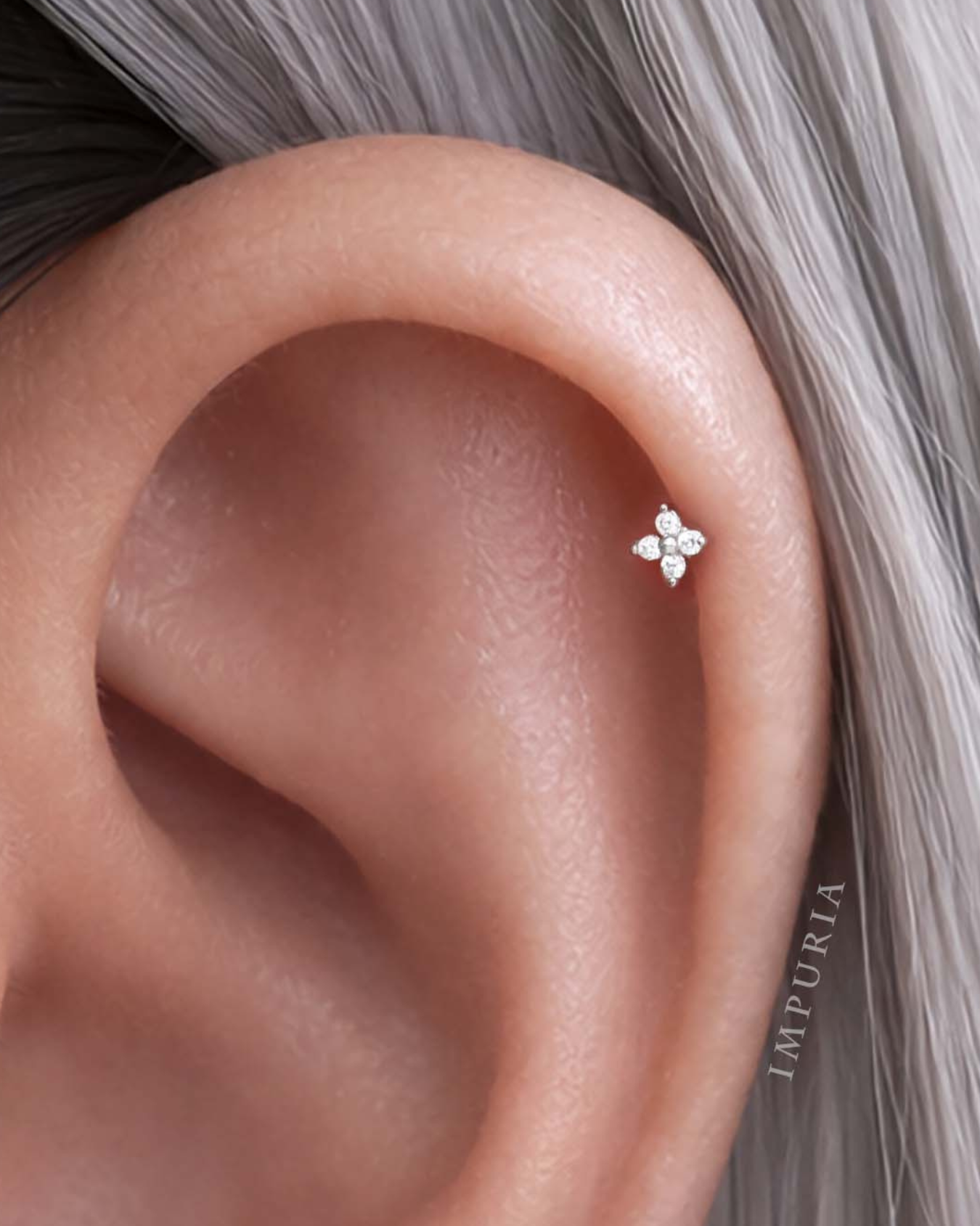 Clover flat back stud earring in a helix piercing, featuring a four-leaf clover design in polished silver surgical staineel
