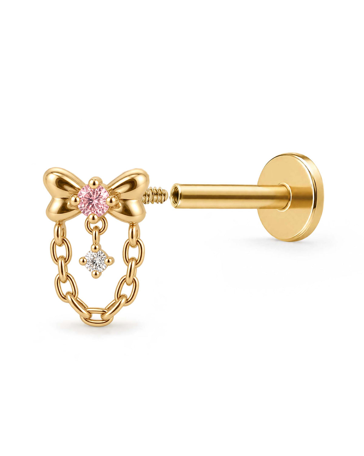 amour coquette bow chain flat back stud earring 16G in gold open internally threaded
