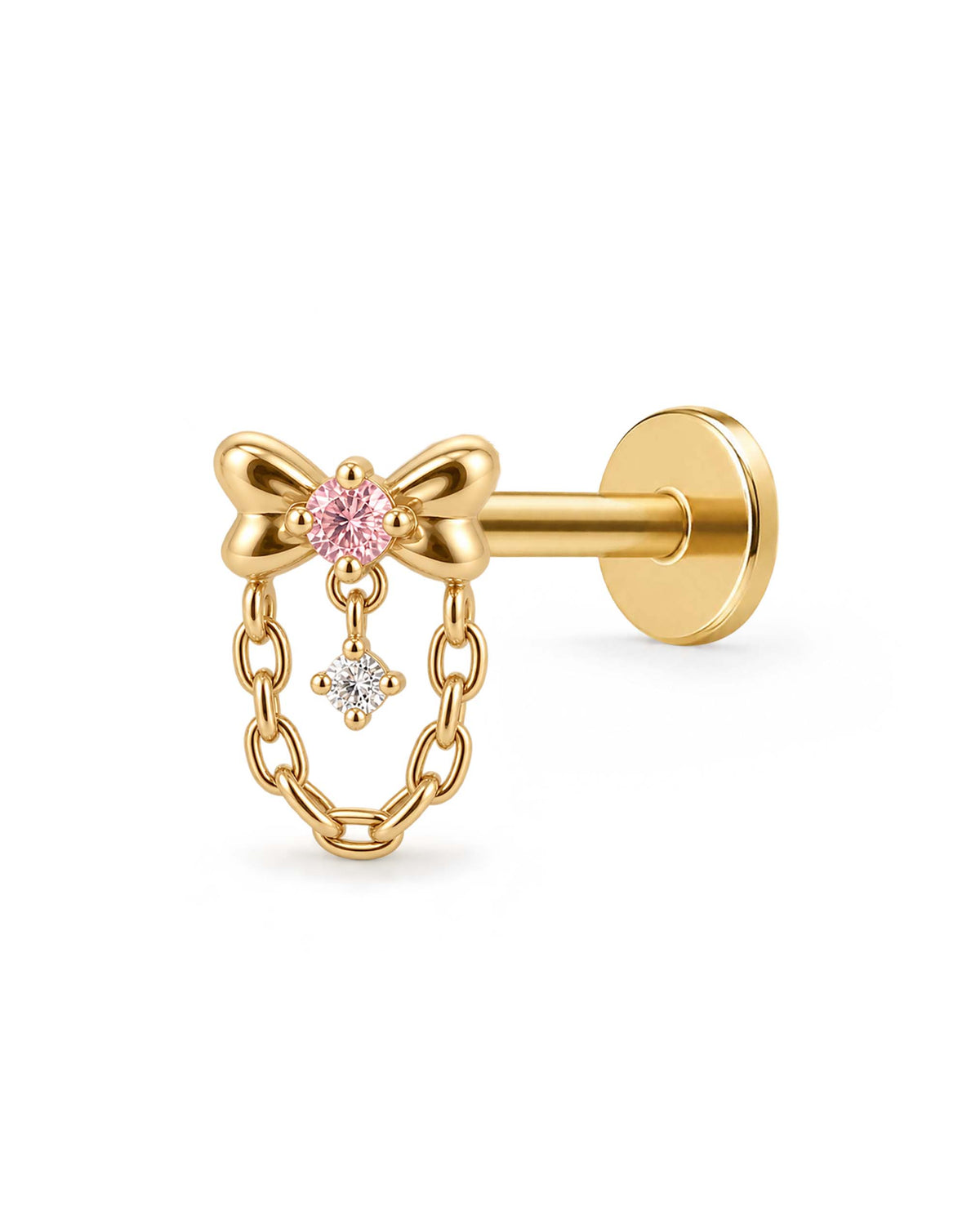 amour coquette bow chain flat back stud earring 16G in gold