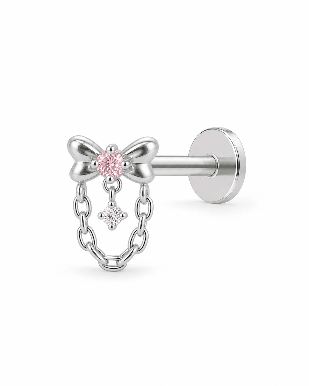 amour coquette bow chain flat back stud earring 16G in silver