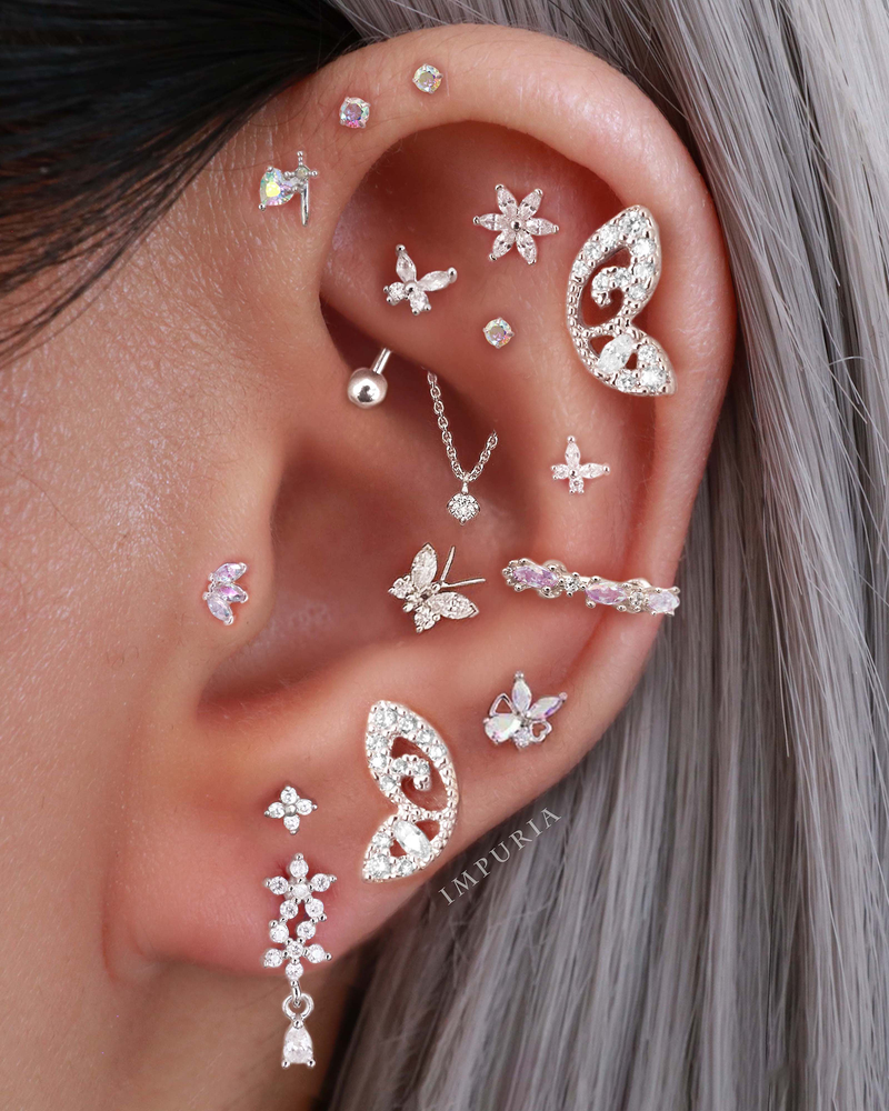 Rook Earring Silver Curved Barbell - Cute Butterfly Floral Theme Ear Curation Piercing Ideas for Women - www.Impuria.com