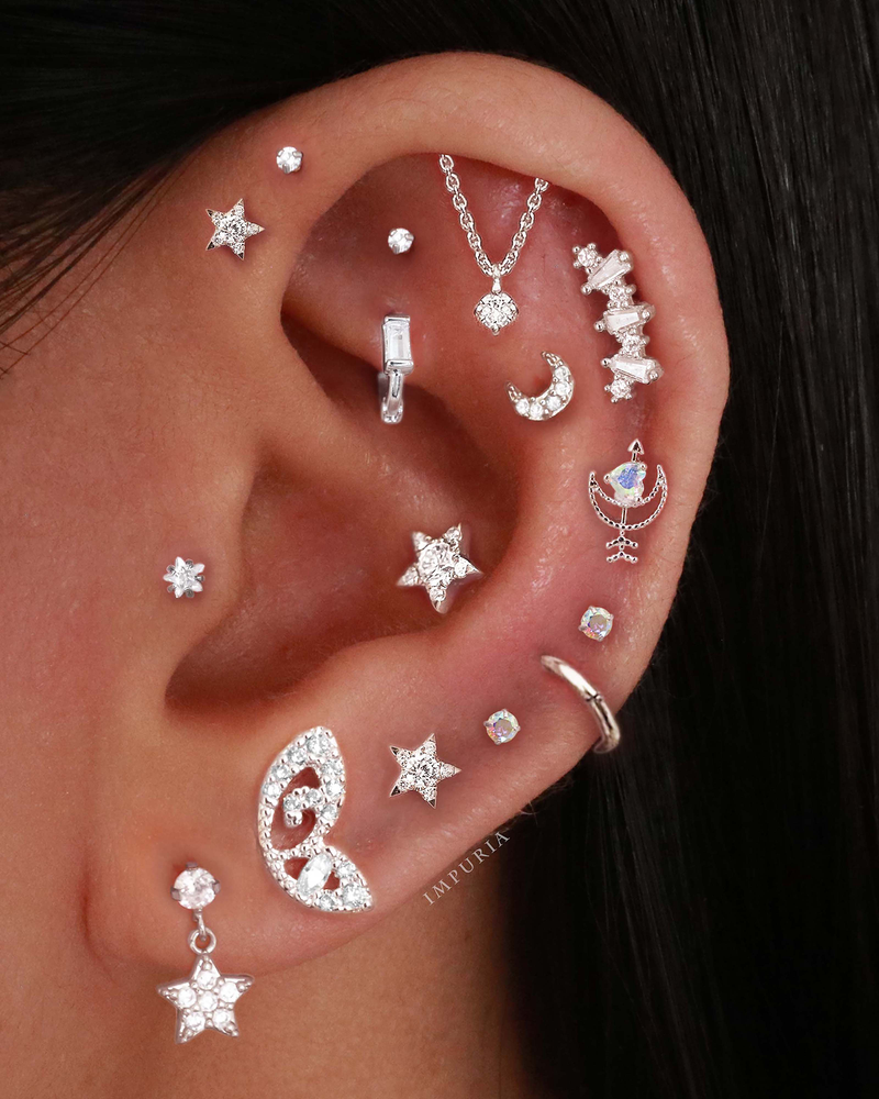 Cluster Cartilage Helix Silver Earring Stud Cute Multiple Ear Piercing Curation Styling Ideas for Women - www.Impuria.com