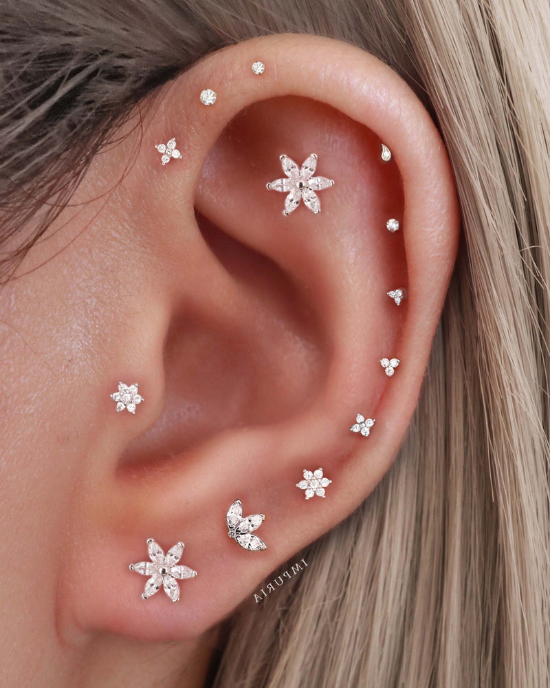 14K Solid Gold Trinity Cartilage Stud Earring for Ear Piercings All Around Feminine Ear Curation for Women - www.impuria.com