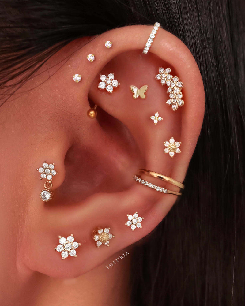 Posy Crystal Flower Threaded 14K Gold Earring Stud