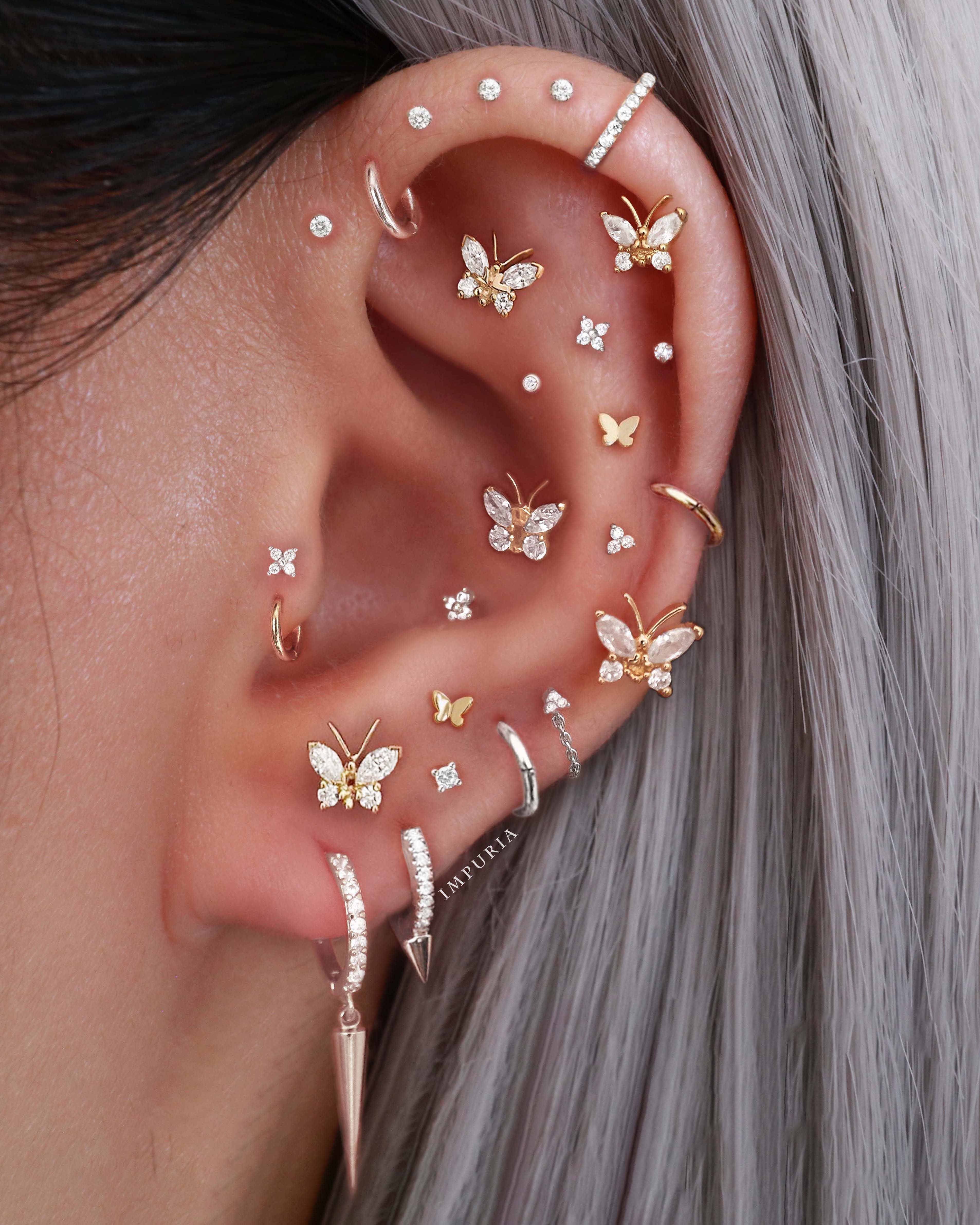 14k gold earrings - labret studs - butterfly ear curation design placement ideas for women - impuria ear piercing jewelry